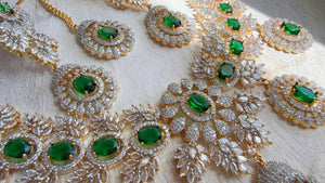 Emerald Green 2 Tone Bridal Necklace Set with Earrings and Maang Tikka | CZ Indian Wedding Jewelry | Statement Necklace - Kajol