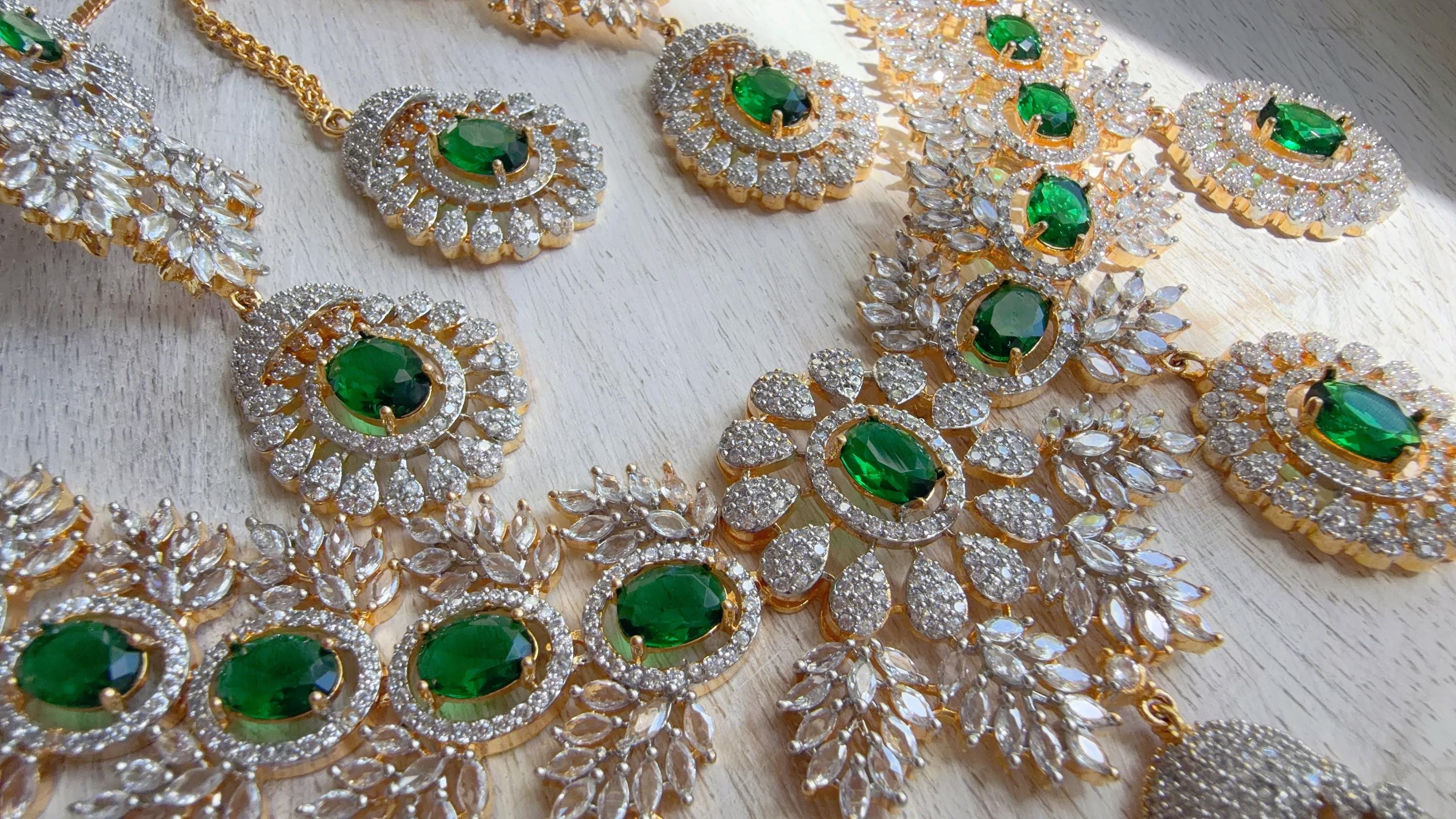Emerald Green 2 Tone Bridal Necklace Set with Earrings and Maang Tikka | CZ Indian Wedding Jewelry | Statement Necklace - Kajol