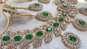 Emerald Green 2 Tone Bridal Necklace Set with Earrings and Maang Tikka | CZ Indian Wedding Jewelry | Statement Necklace - Kajol