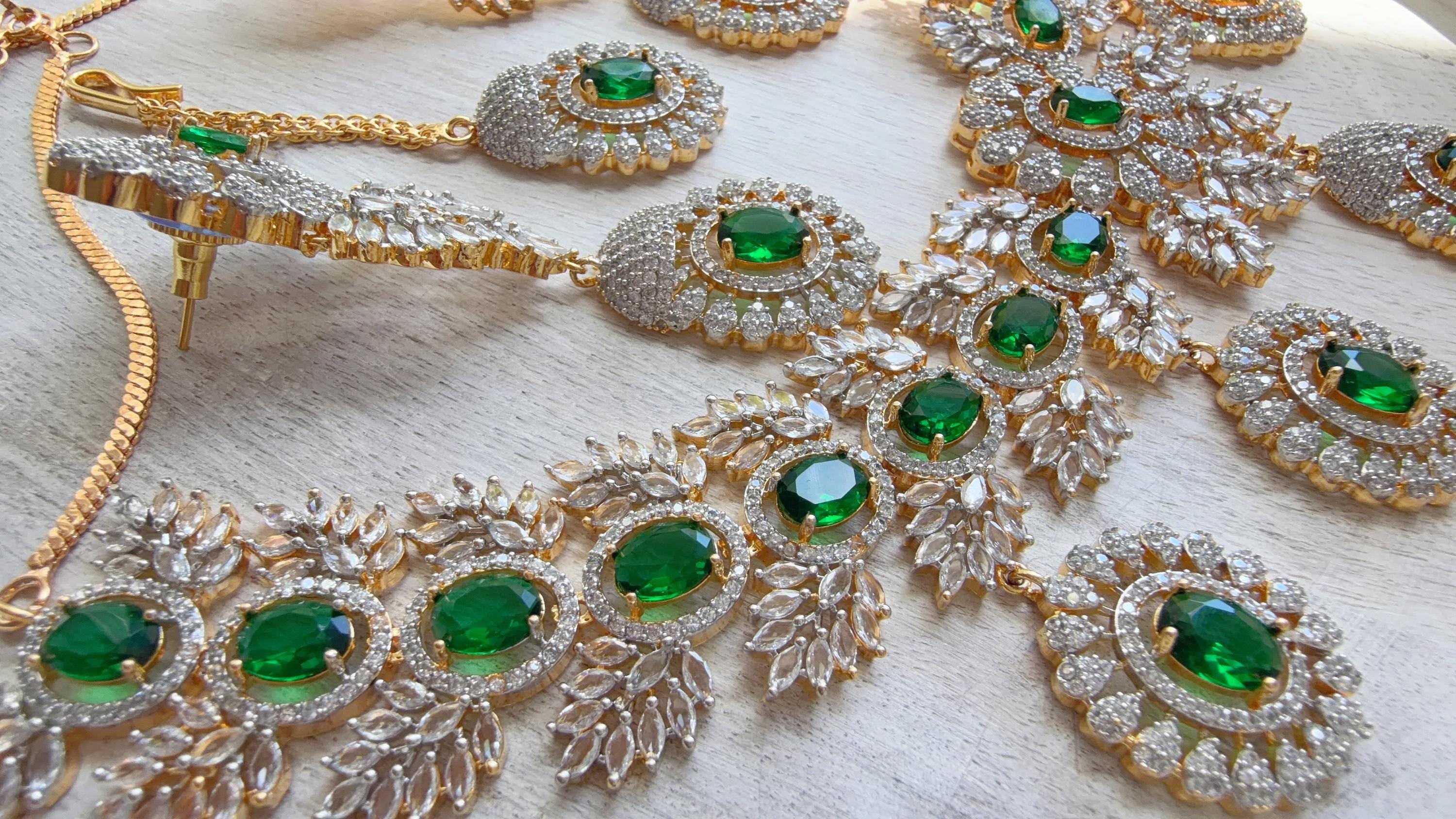 Emerald Green 2 Tone Bridal Necklace Set with Earrings and Maang Tikka | CZ Indian Wedding Jewelry | Statement Necklace - Kajol