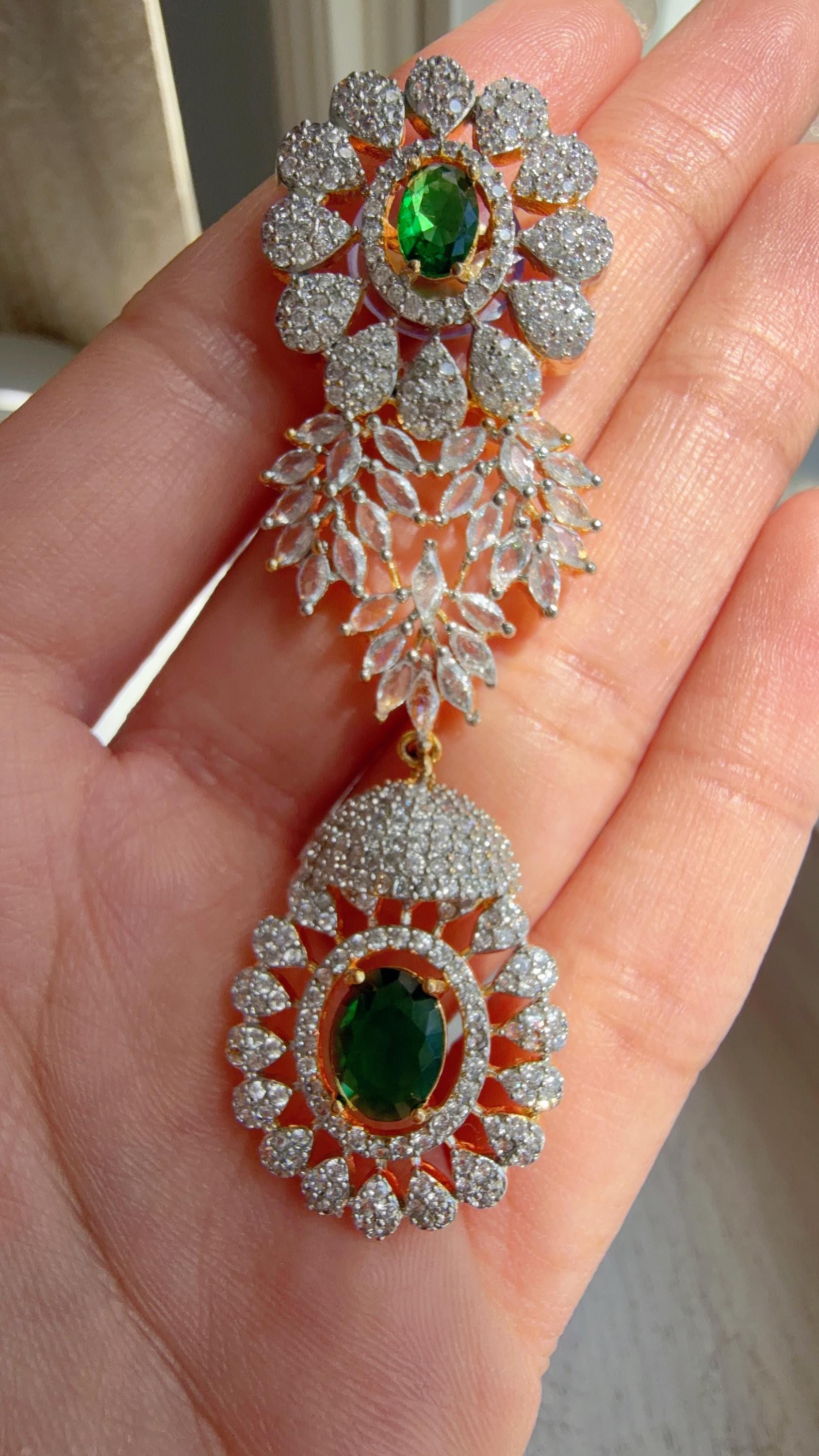 Emerald Green 2 Tone Bridal Necklace Set with Earrings and Maang Tikka | CZ Indian Wedding Jewelry | Statement Necklace - Kajol