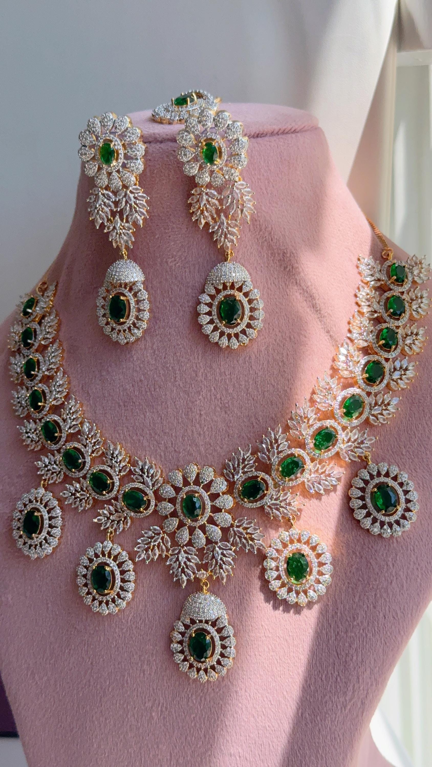 Emerald Green 2 Tone Bridal Necklace Set with Earrings and Maang Tikka | CZ Indian Wedding Jewelry | Statement Necklace - Kajol