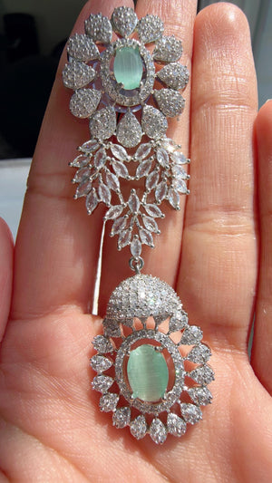 Mint Rhodium Bridal Necklace Set with Earrings and Maang Tikka | CZ Indian Wedding Jewelry | Statement Necklace - Kajol