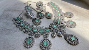 Mint Rhodium Bridal Necklace Set with Earrings and Maang Tikka | CZ Indian Wedding Jewelry | Statement Necklace - Kajol