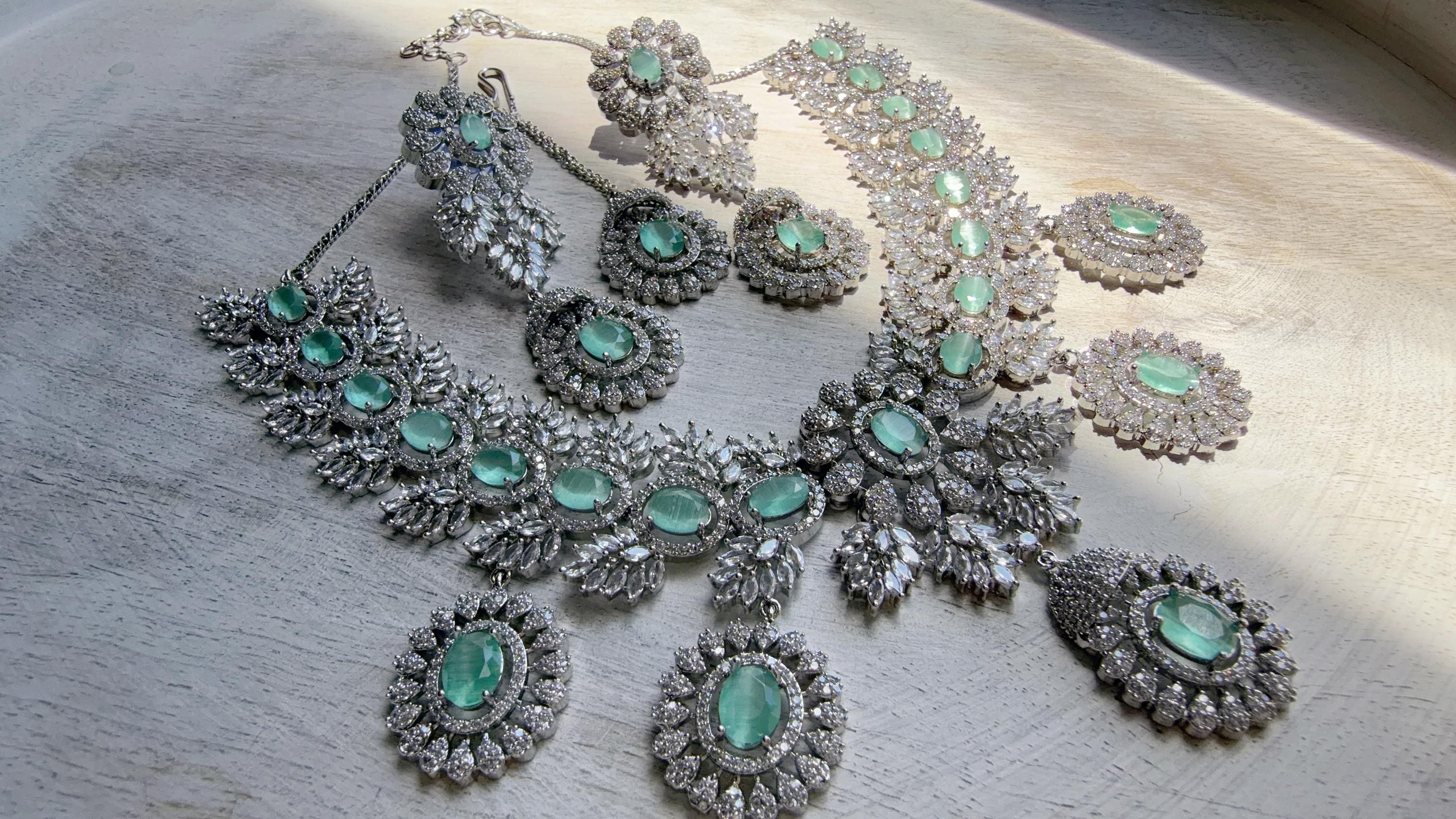 Mint Rhodium Bridal Necklace Set with Earrings and Maang Tikka | CZ Indian Wedding Jewelry | Statement Necklace - Kajol