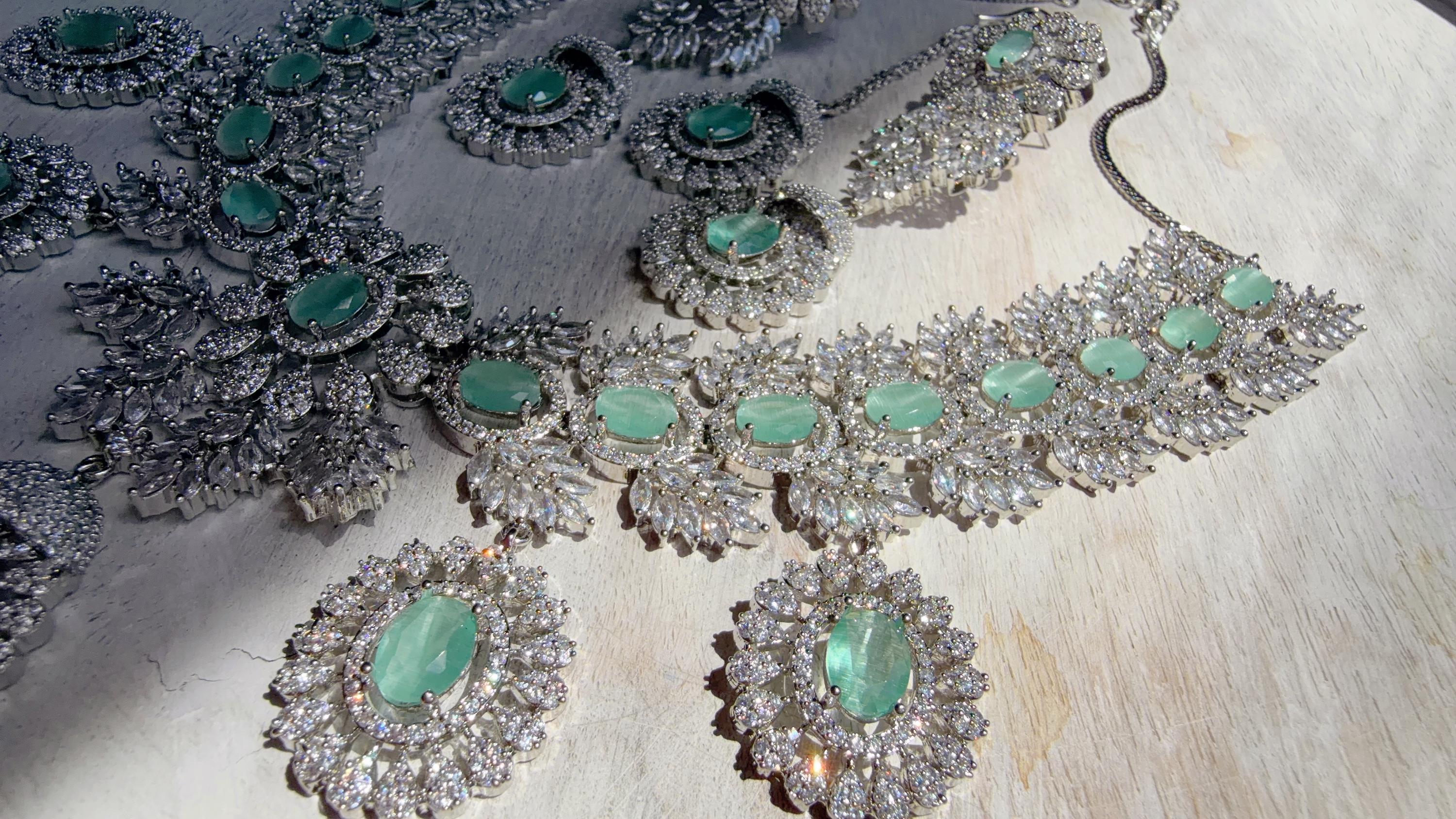 Mint Rhodium Bridal Necklace Set with Earrings and Maang Tikka | CZ Indian Wedding Jewelry | Statement Necklace - Kajol
