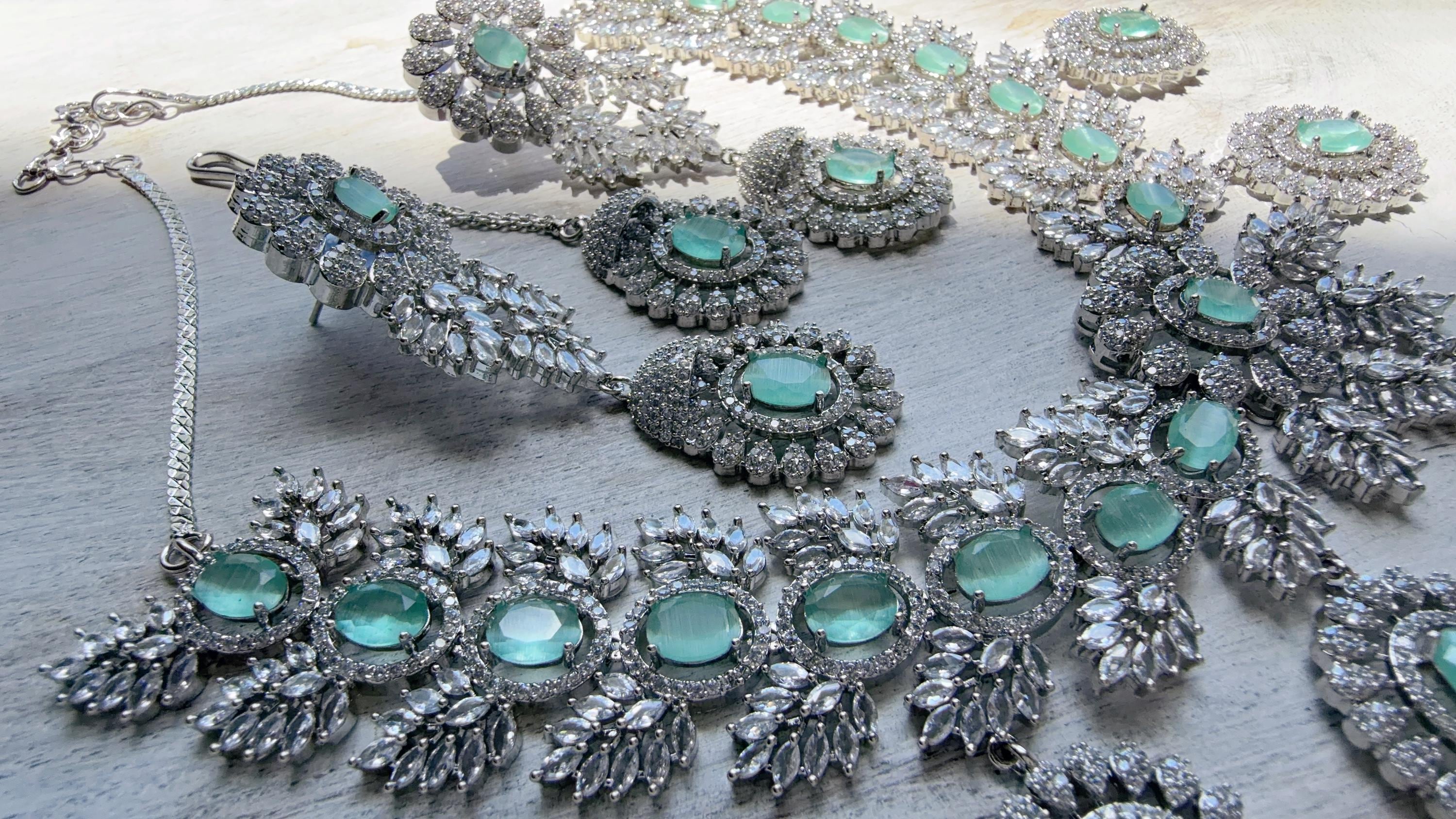 Mint Rhodium Bridal Necklace Set with Earrings and Maang Tikka | CZ Indian Wedding Jewelry | Statement Necklace - Kajol