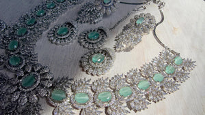 Mint Rhodium Bridal Necklace Set with Earrings and Maang Tikka | CZ Indian Wedding Jewelry | Statement Necklace - Kajol