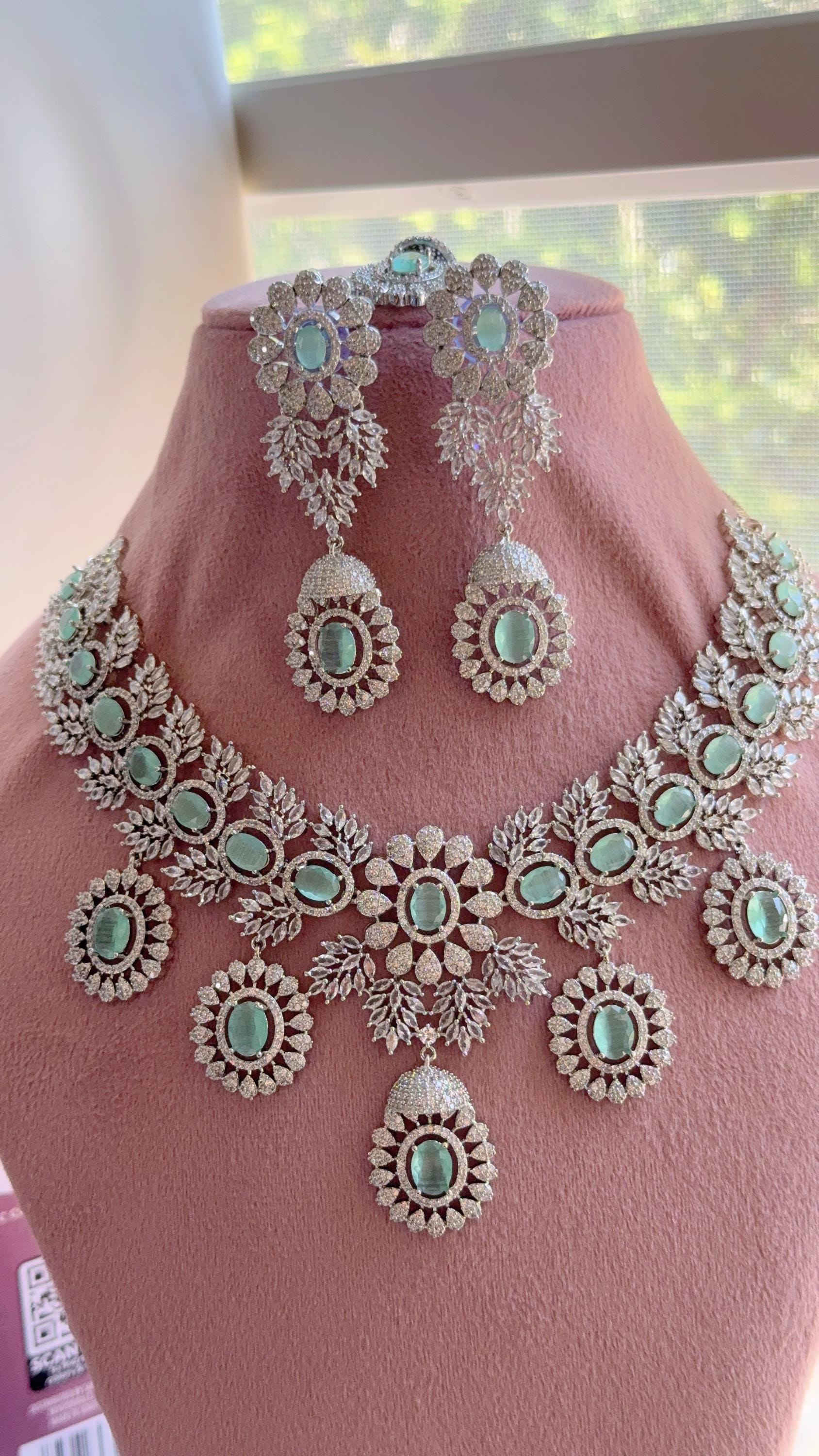 Mint Rhodium Bridal Necklace Set with Earrings and Maang Tikka | CZ Indian Wedding Jewelry | Statement Necklace - Kajol