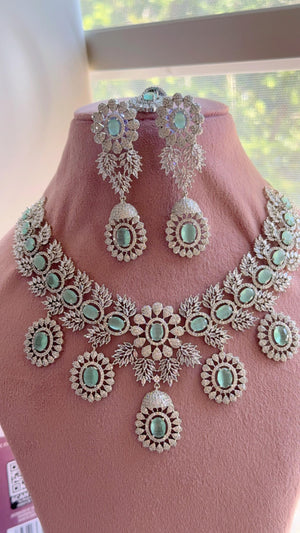 Mint Rhodium Bridal Necklace Set with Earrings and Maang Tikka | CZ Indian Wedding Jewelry | Statement Necklace - Kajol