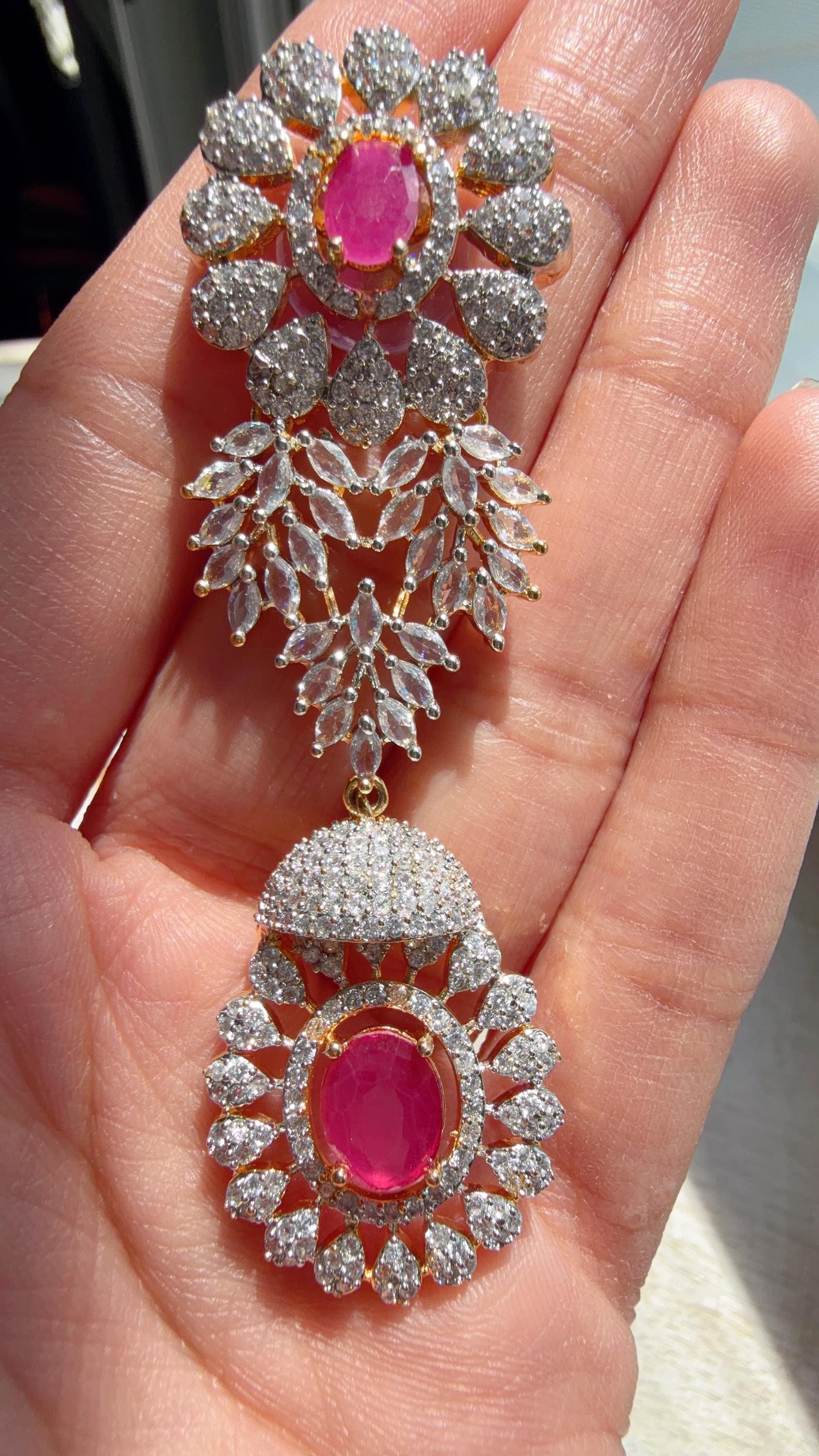 Ruby 2 Tone Bridal Necklace Set with Earrings and Maang Tikka | CZ Indian Wedding Jewelry | Statement Necklace - Kajol