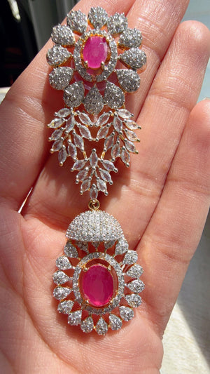 Ruby 2 Tone Bridal Necklace Set with Earrings and Maang Tikka | CZ Indian Wedding Jewelry | Statement Necklace - Kajol