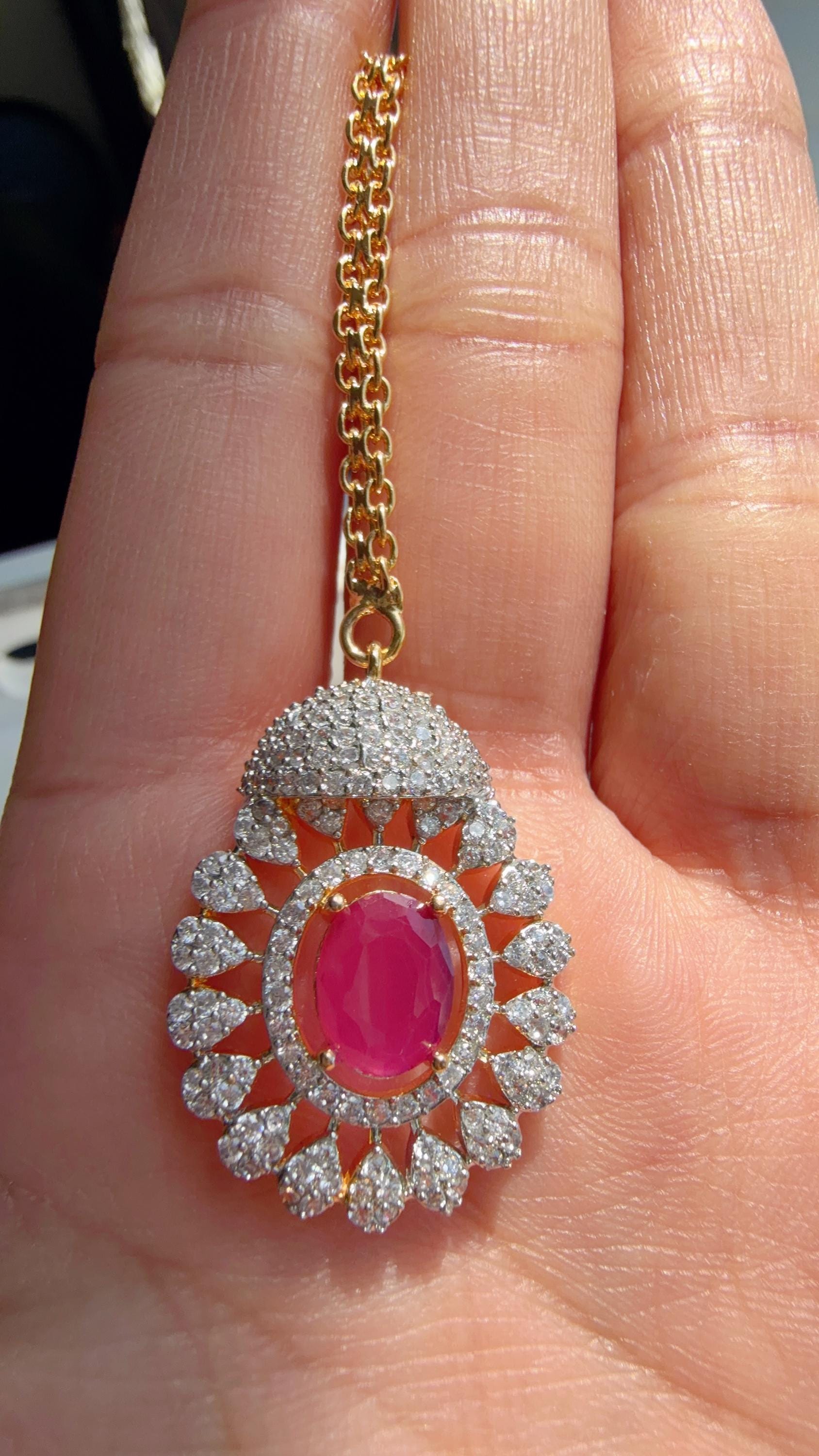 Ruby 2 Tone Bridal Necklace Set with Earrings and Maang Tikka | CZ Indian Wedding Jewelry | Statement Necklace - Kajol