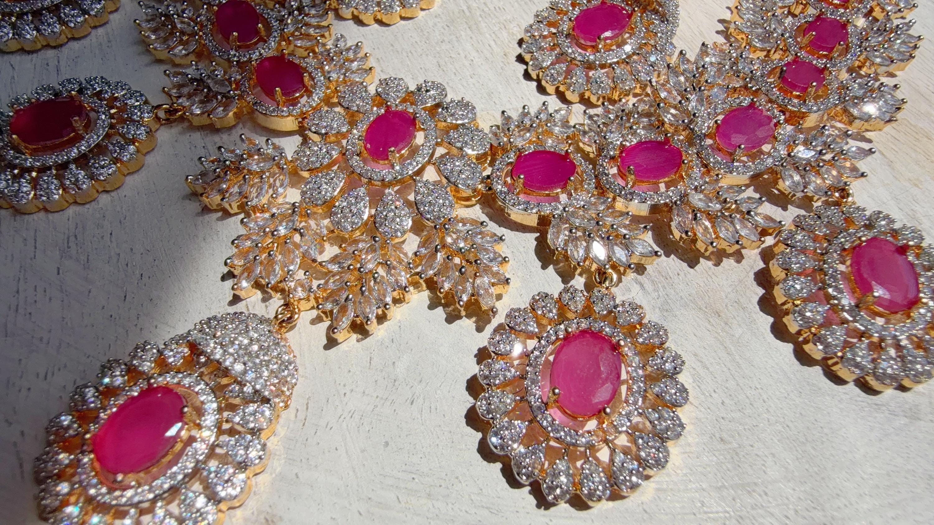 Ruby 2 Tone Bridal Necklace Set with Earrings and Maang Tikka | CZ Indian Wedding Jewelry | Statement Necklace - Kajol