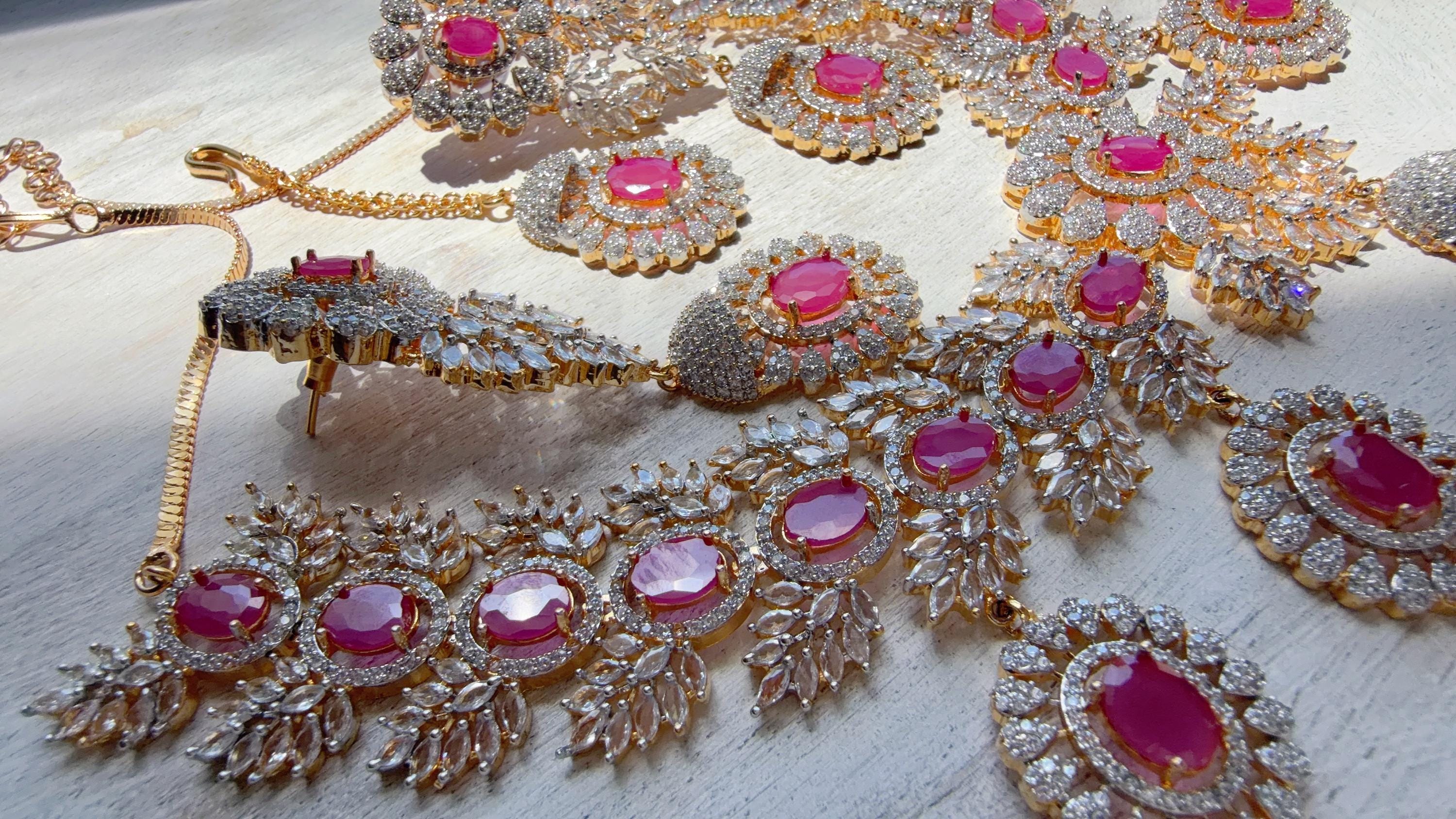 Ruby 2 Tone Bridal Necklace Set with Earrings and Maang Tikka | CZ Indian Wedding Jewelry | Statement Necklace - Kajol