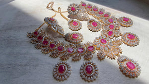 Ruby 2 Tone Bridal Necklace Set with Earrings and Maang Tikka | CZ Indian Wedding Jewelry | Statement Necklace - Kajol