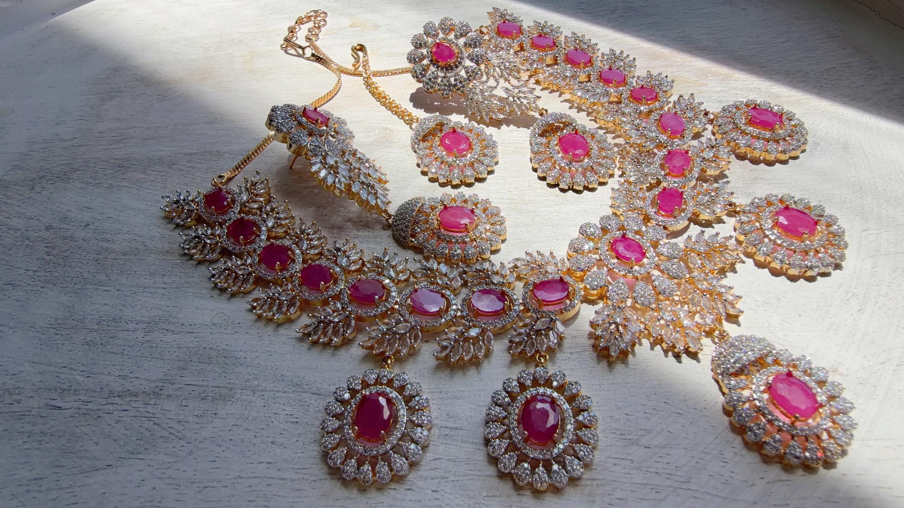 Ruby 2 Tone Bridal Necklace Set with Earrings and Maang Tikka | CZ Indian Wedding Jewelry | Statement Necklace - Kajol