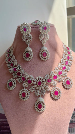 Ruby 2 Tone Bridal Necklace Set with Earrings and Maang Tikka | CZ Indian Wedding Jewelry | Statement Necklace - Kajol