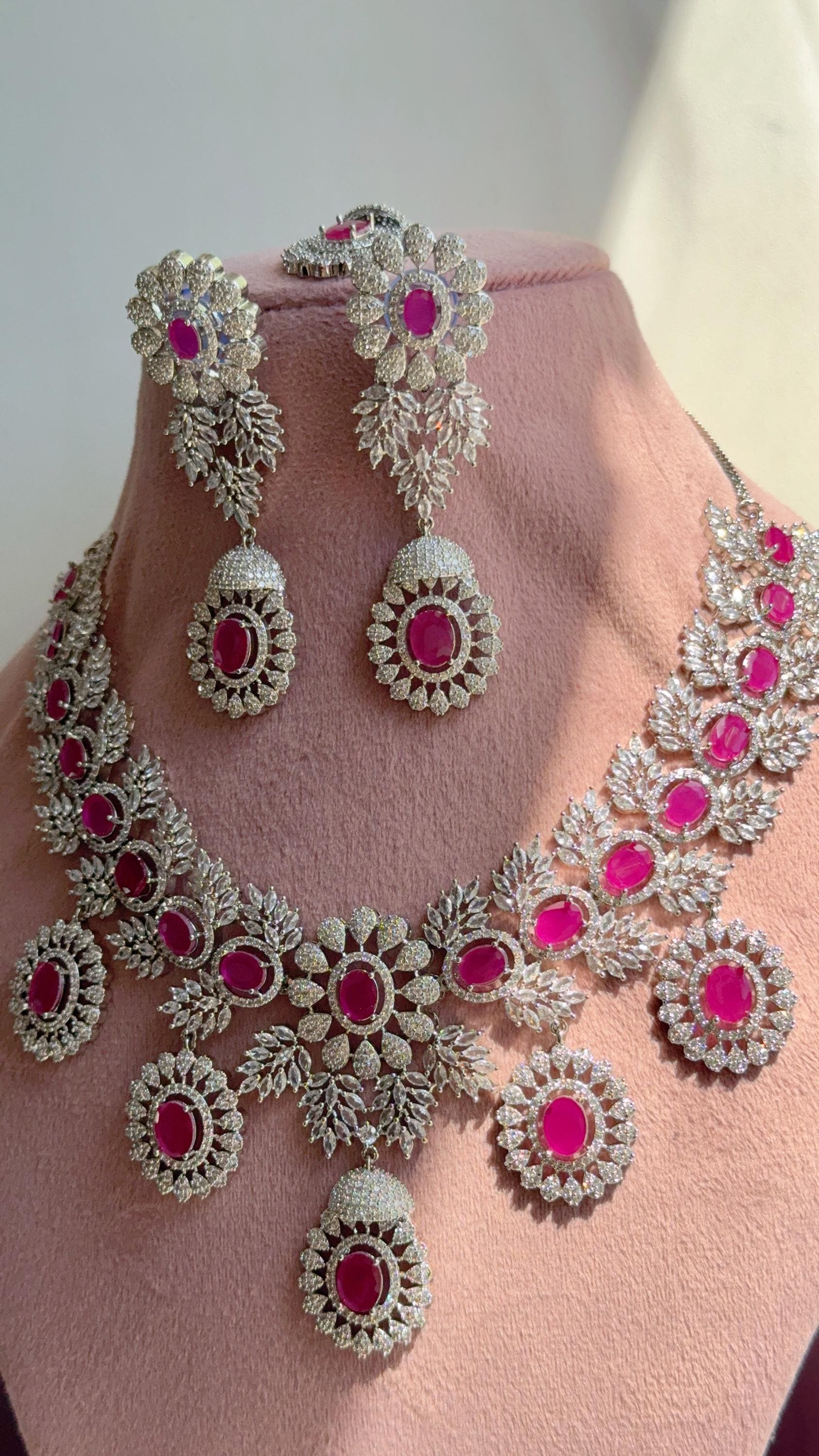 Ruby 2 Tone Bridal Necklace Set with Earrings and Maang Tikka | CZ Indian Wedding Jewelry | Statement Necklace - Kajol