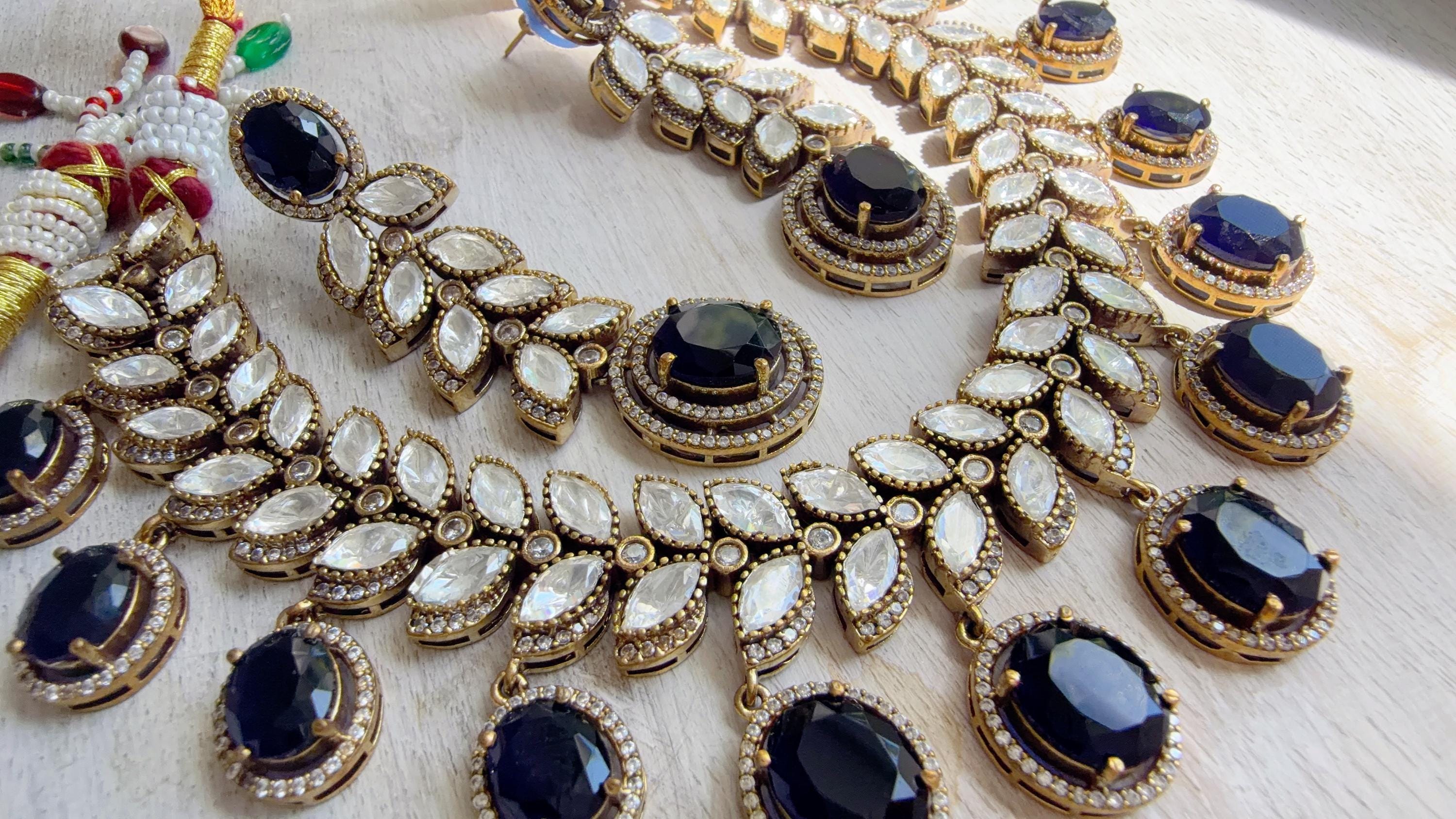 Blue Bridal Necklace Set | Moissanite Polki Kundan Necklace | Indian Wedding Jewelry | Statement Necklace
