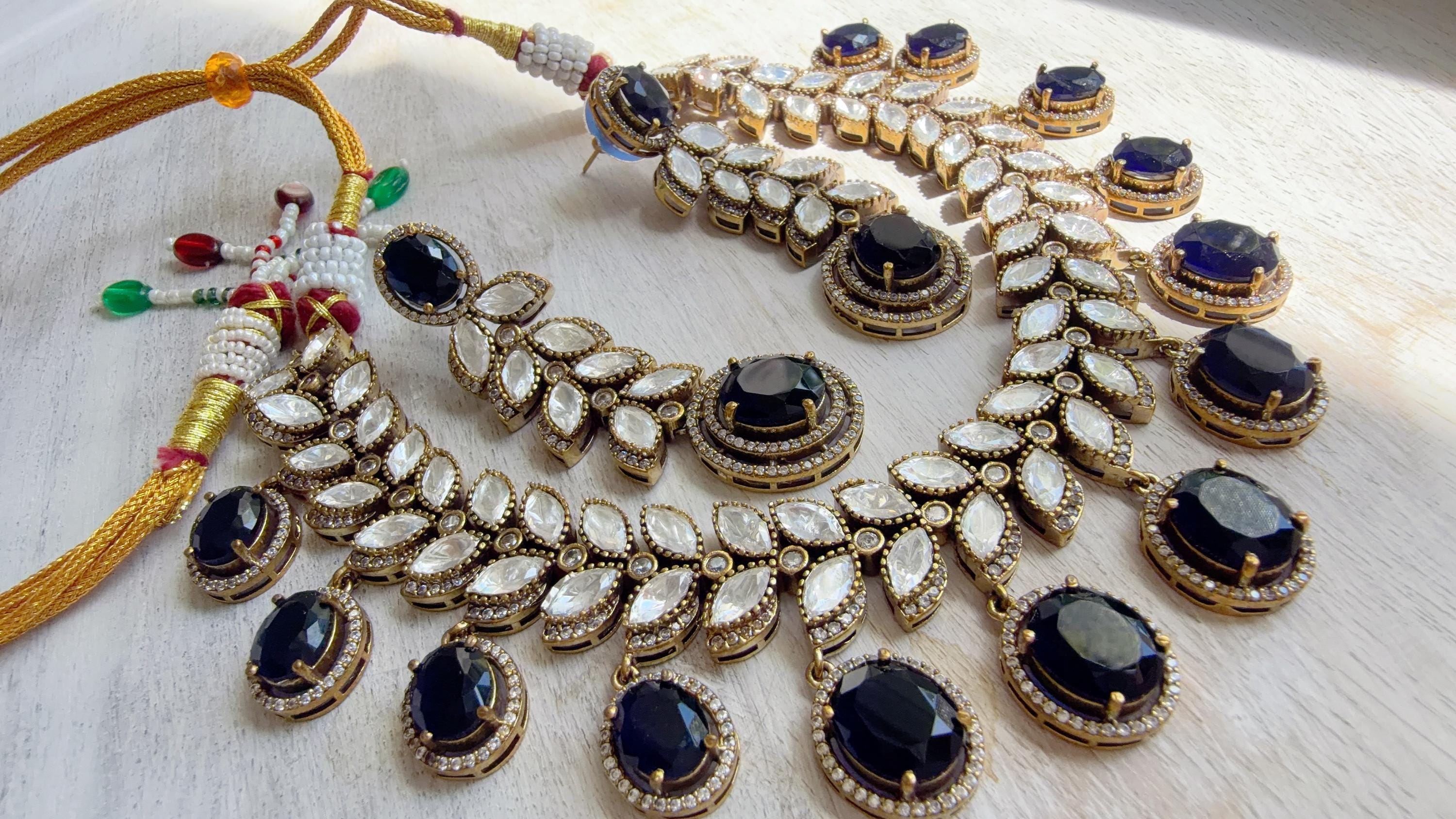 Blue Bridal Necklace Set | Moissanite Polki Kundan Necklace | Indian Wedding Jewelry | Statement Necklace