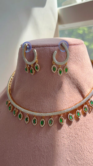 Emerald Green Moissanite CZ hasli Necklace Set | 2 Tone Indian Bridal Jewelry | Statement Wedding Collar Necklace