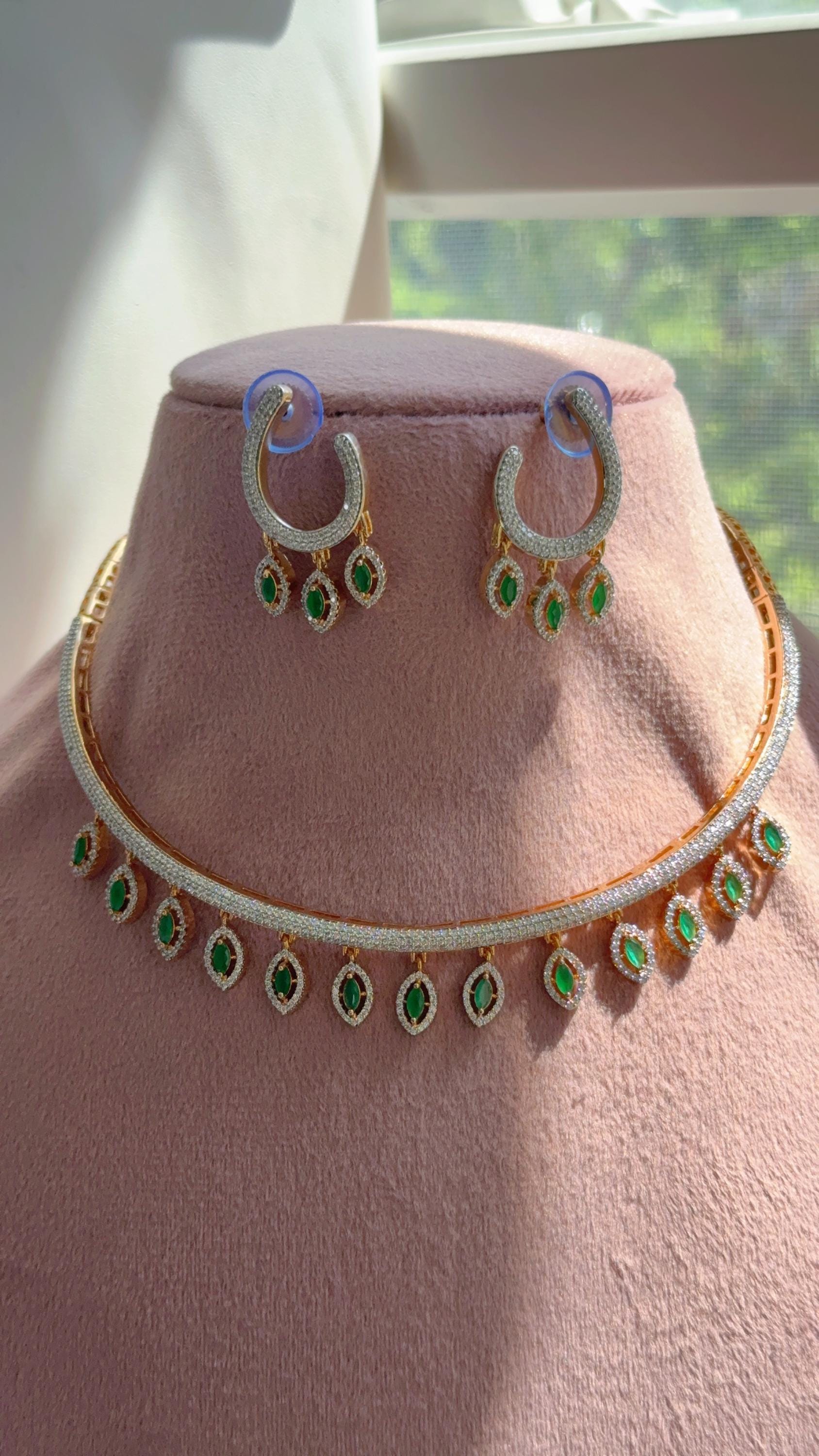 Emerald Green Moissanite CZ hasli Necklace Set | 2 Tone Indian Bridal Jewelry | Statement Wedding Collar Necklace