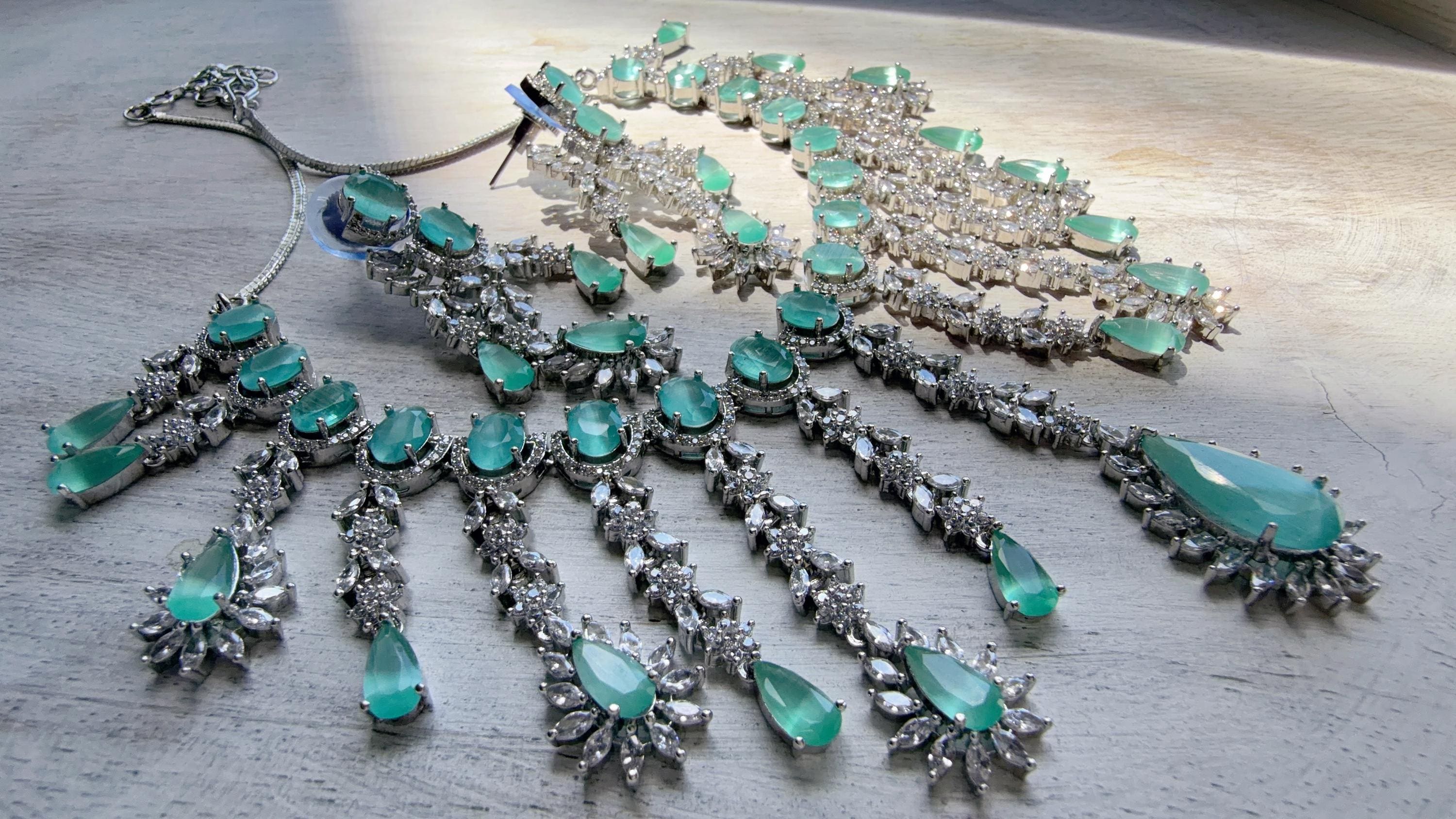 Mint CZ Statement Necklace Set | Silver Tone Indian Bridal Jewelry | Wedding & Reception Necklace