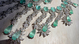 Mint CZ Statement Necklace Set | Silver Tone Indian Bridal Jewelry | Wedding & Reception Necklace