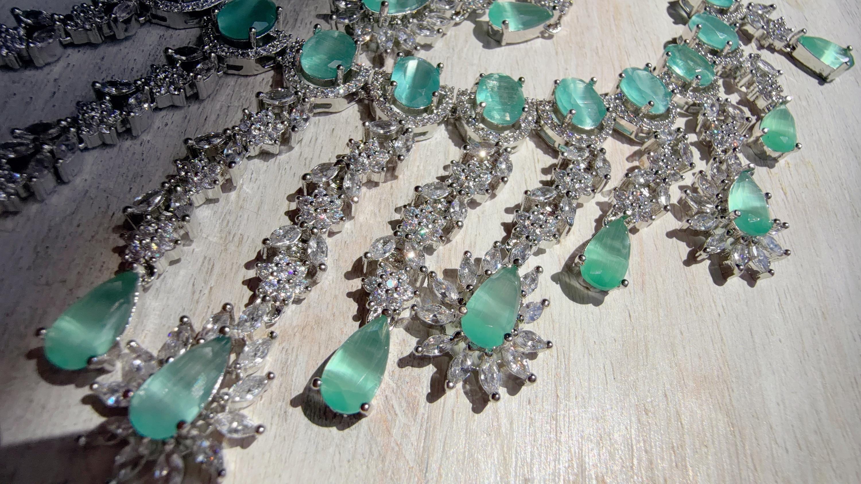Mint CZ Statement Necklace Set | Silver Tone Indian Bridal Jewelry | Wedding & Reception Necklace