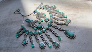 Mint CZ Statement Necklace Set | Silver Tone Indian Bridal Jewelry | Wedding & Reception Necklace