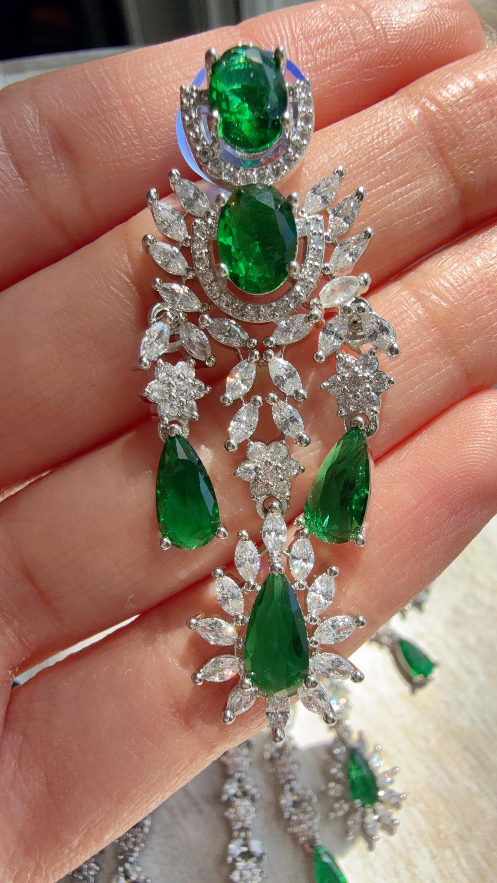 Green Emerald CZ Statement Necklace Set | Silver Tone Indian Bridal Jewelry | Wedding & Reception Necklace