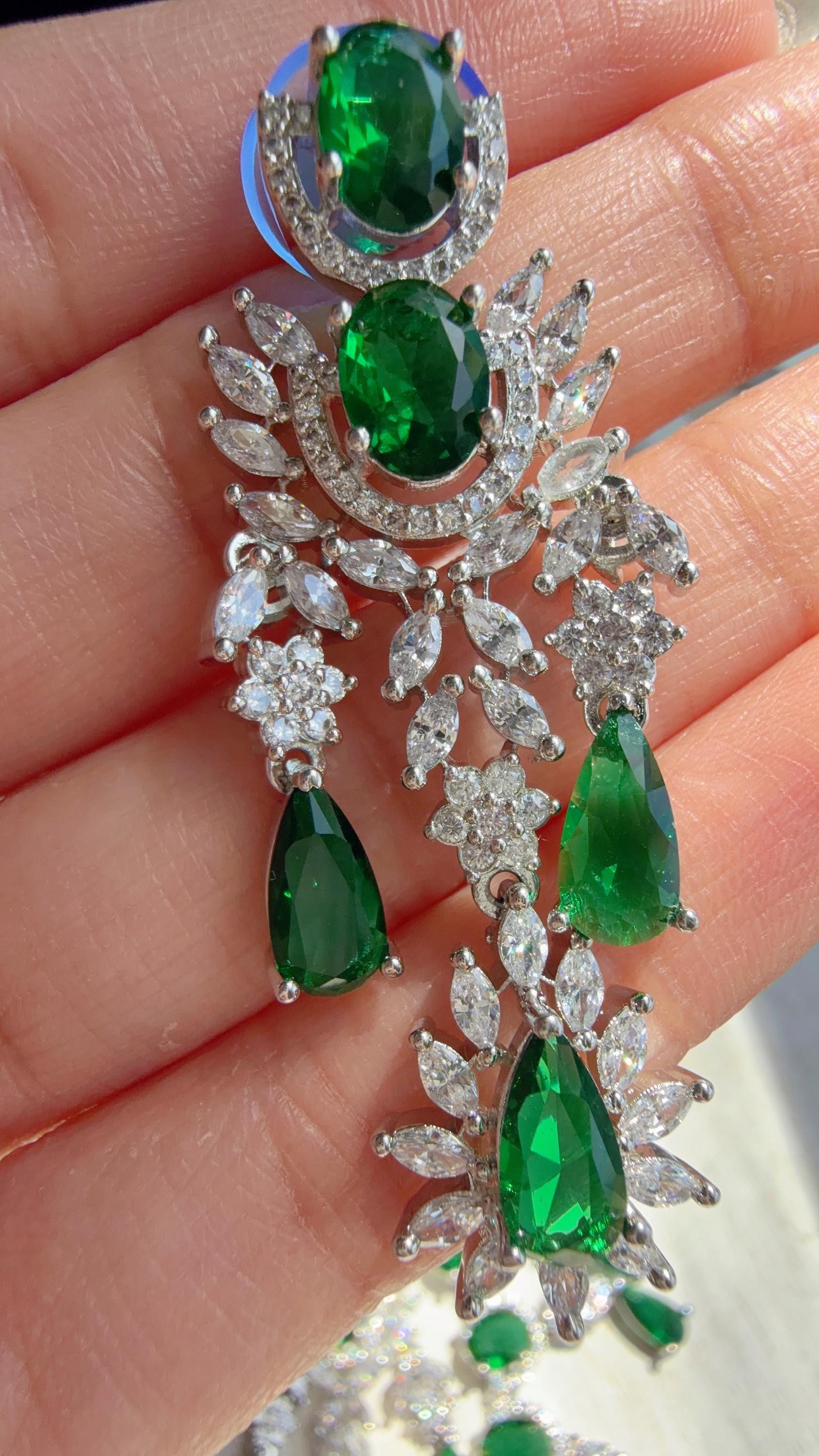 Green Emerald CZ Statement Necklace Set | Silver Tone Indian Bridal Jewelry | Wedding & Reception Necklace