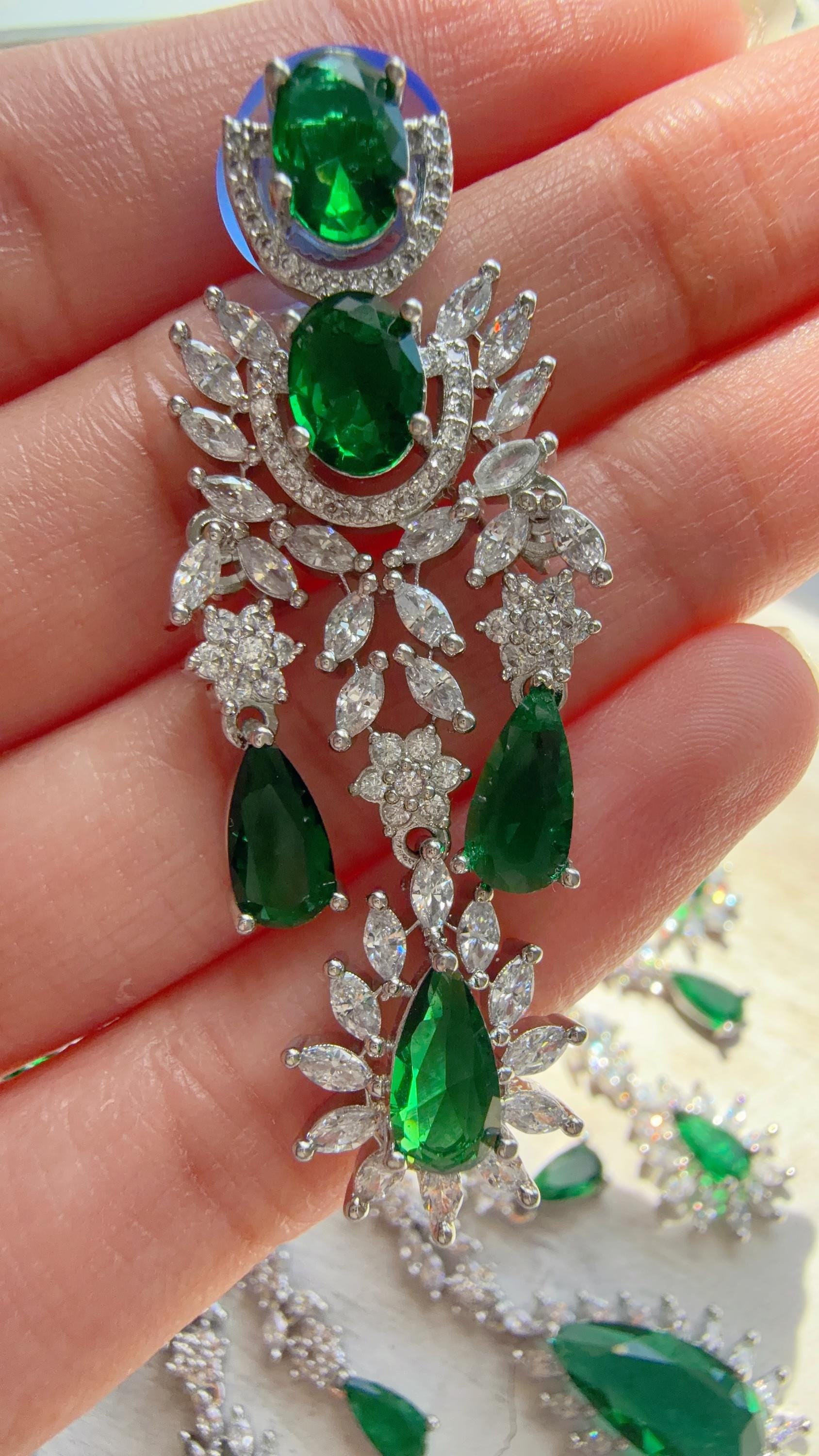 Green Emerald CZ Statement Necklace Set | Silver Tone Indian Bridal Jewelry | Wedding & Reception Necklace