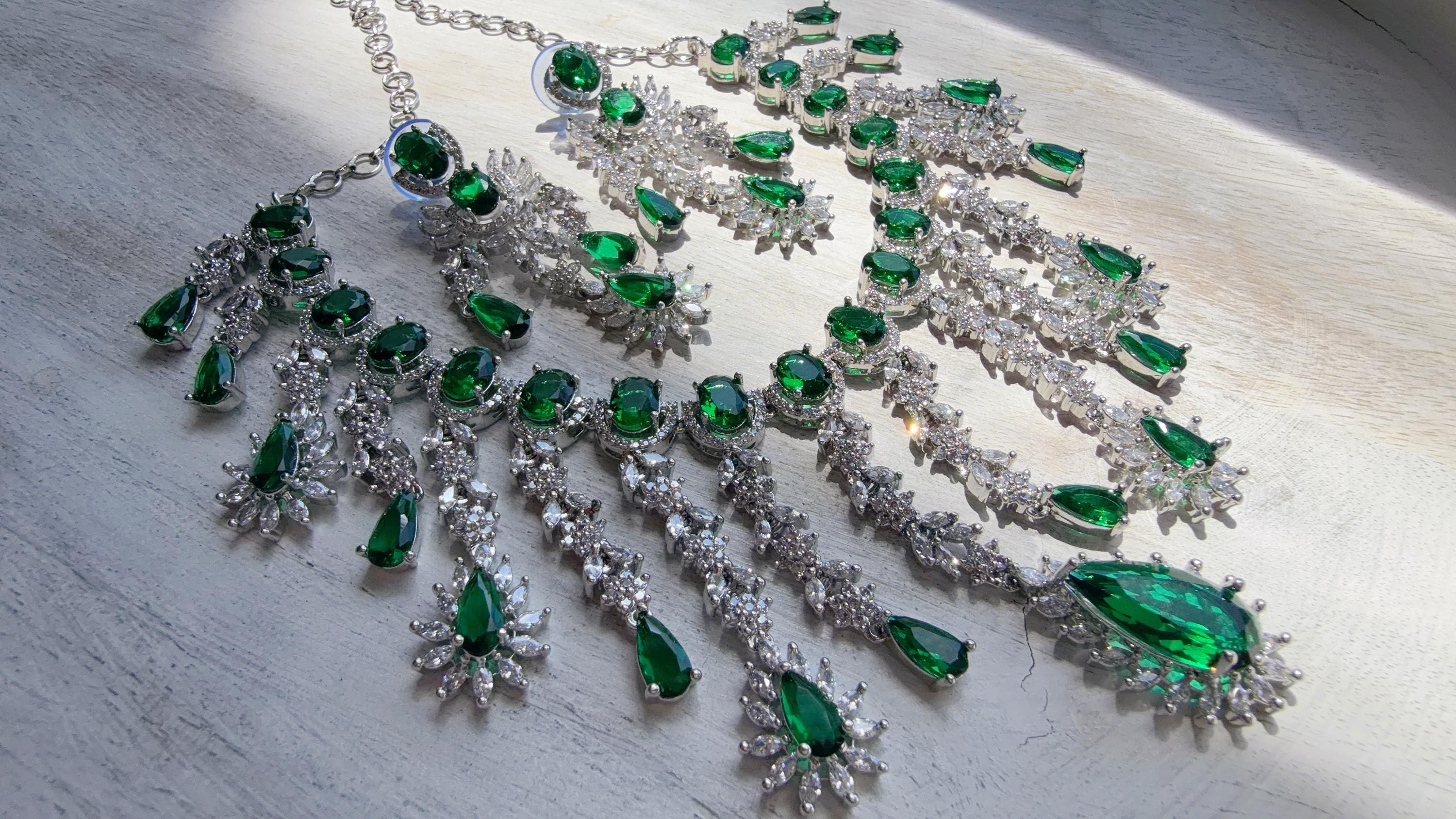 Green Emerald CZ Statement Necklace Set | Silver Tone Indian Bridal Jewelry | Wedding & Reception Necklace