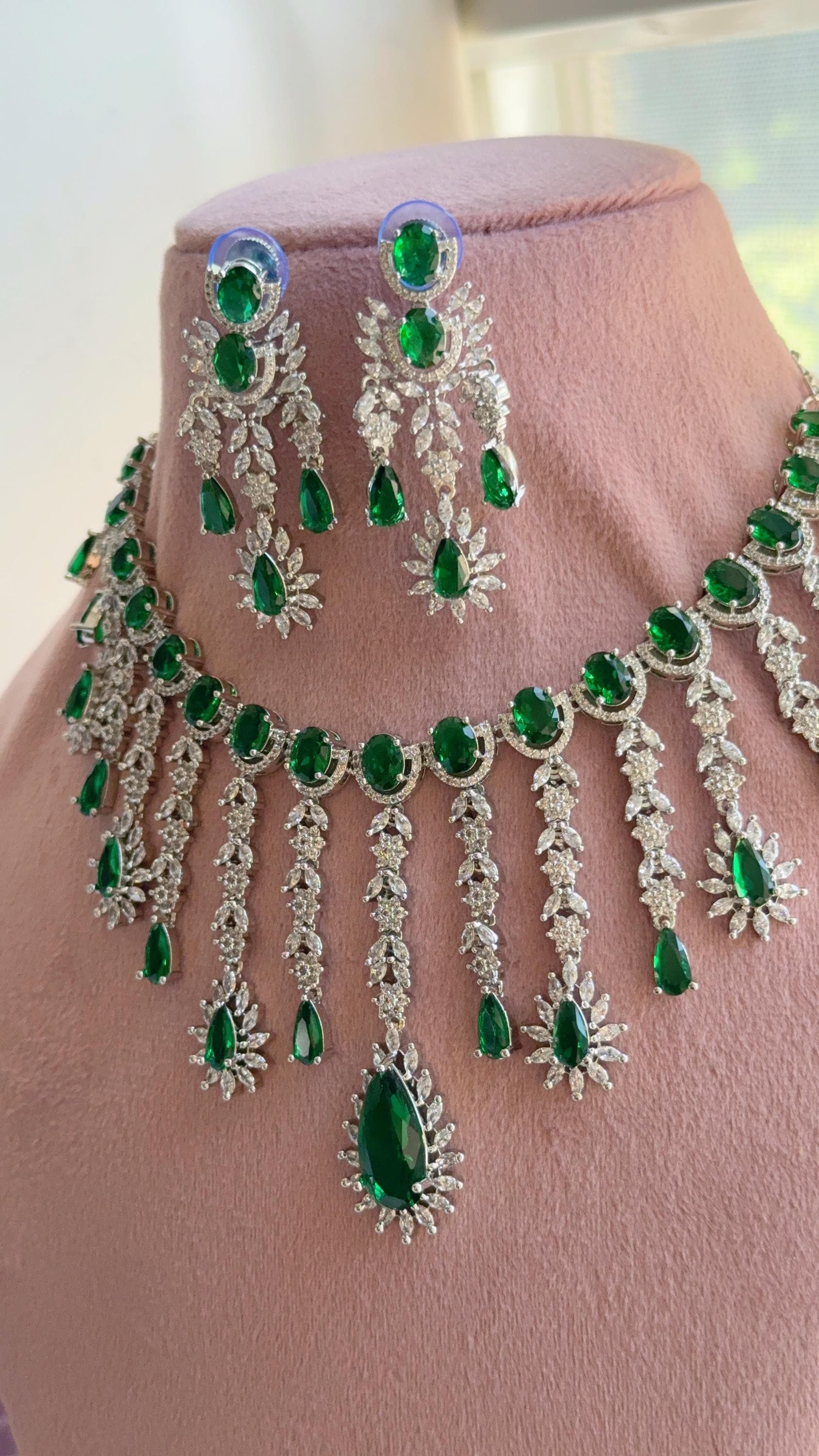 Green Emerald CZ Statement Necklace Set | Silver Tone Indian Bridal Jewelry | Wedding & Reception Necklace