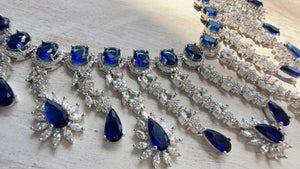Blue Sapphire CZ Statement Necklace Set | Silver Tone Indian Bridal Jewelry | Wedding & Reception Necklace