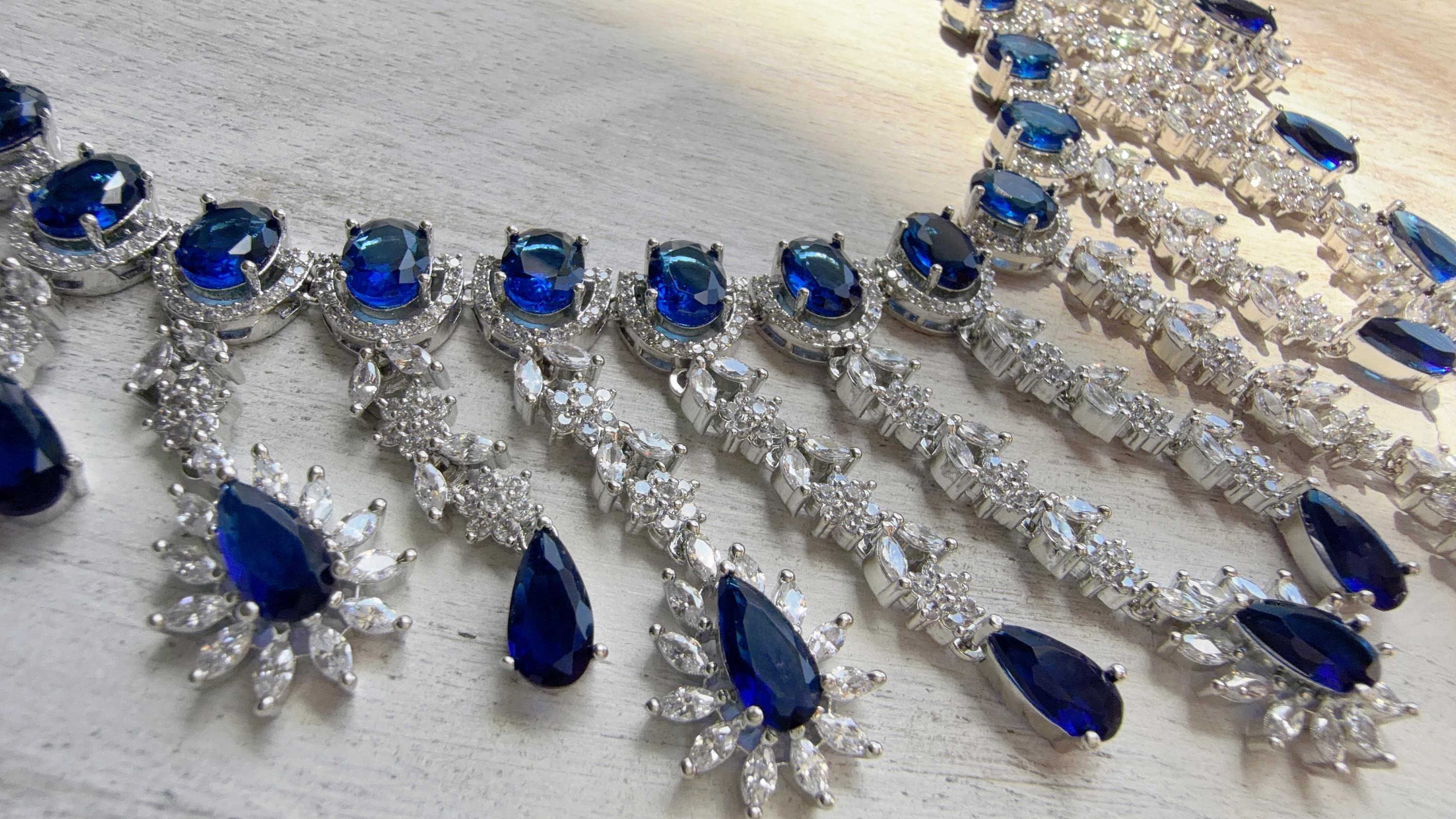 Blue Sapphire CZ Statement Necklace Set | Silver Tone Indian Bridal Jewelry | Wedding & Reception Necklace