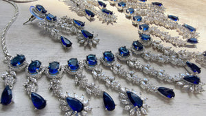 Blue Sapphire CZ Statement Necklace Set | Silver Tone Indian Bridal Jewelry | Wedding & Reception Necklace