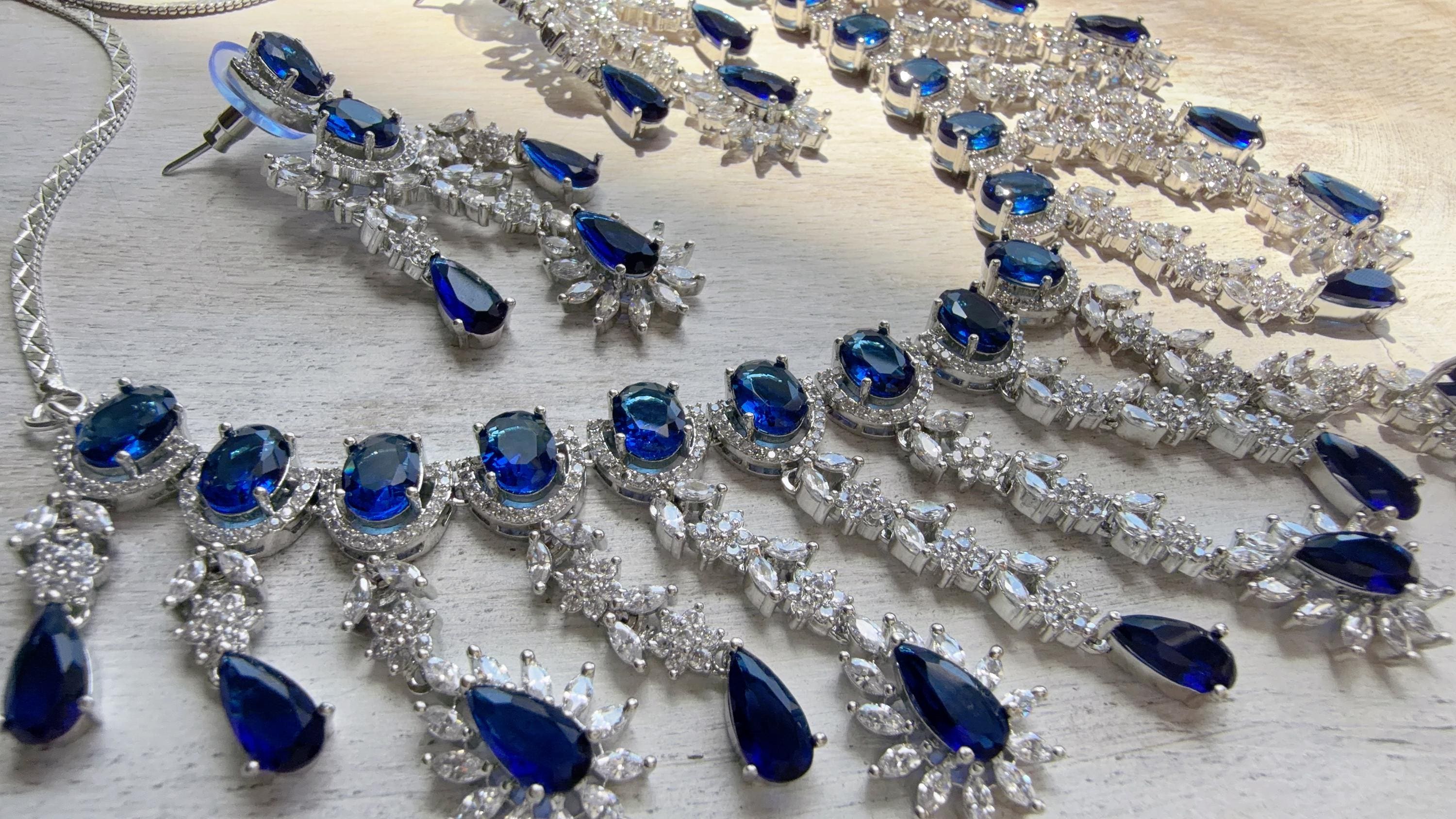 Blue Sapphire CZ Statement Necklace Set | Silver Tone Indian Bridal Jewelry | Wedding & Reception Necklace