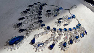 Blue Sapphire CZ Statement Necklace Set | Silver Tone Indian Bridal Jewelry | Wedding & Reception Necklace