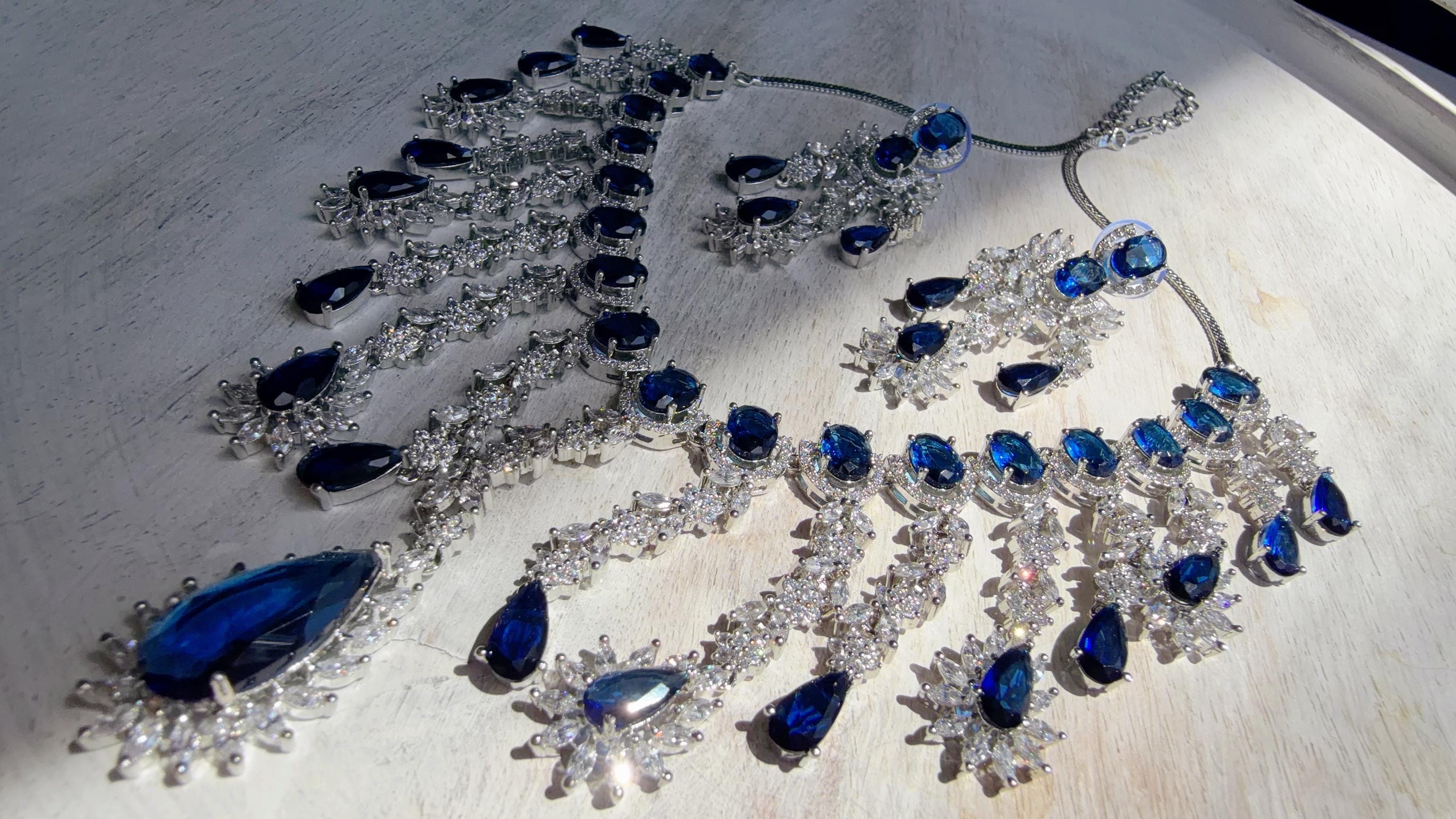 Blue Sapphire CZ Statement Necklace Set | Silver Tone Indian Bridal Jewelry | Wedding & Reception Necklace