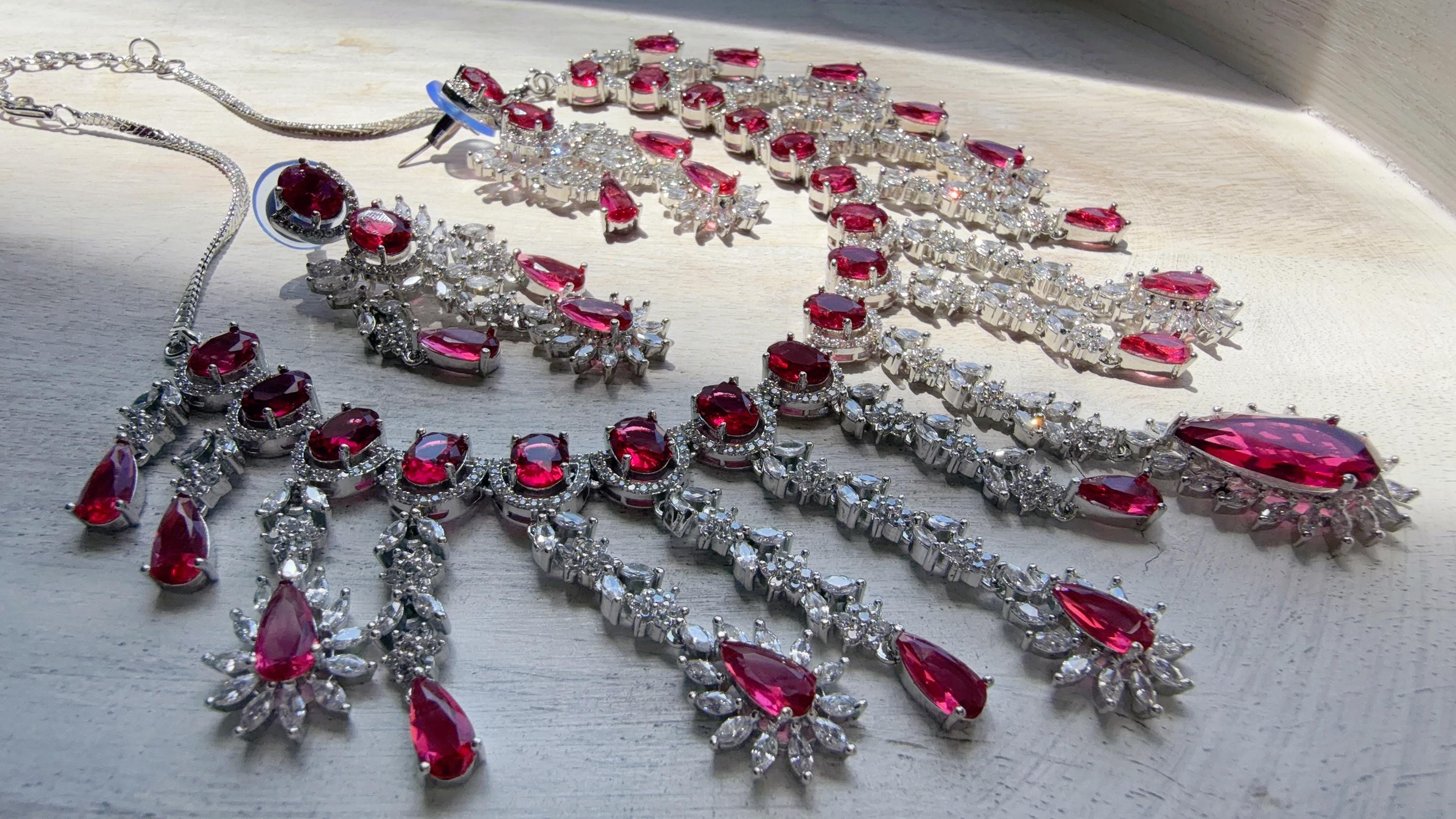 Ruby CZ Statement Necklace Set | Silver Tone Indian Bridal Jewelry | Wedding & Reception Necklace