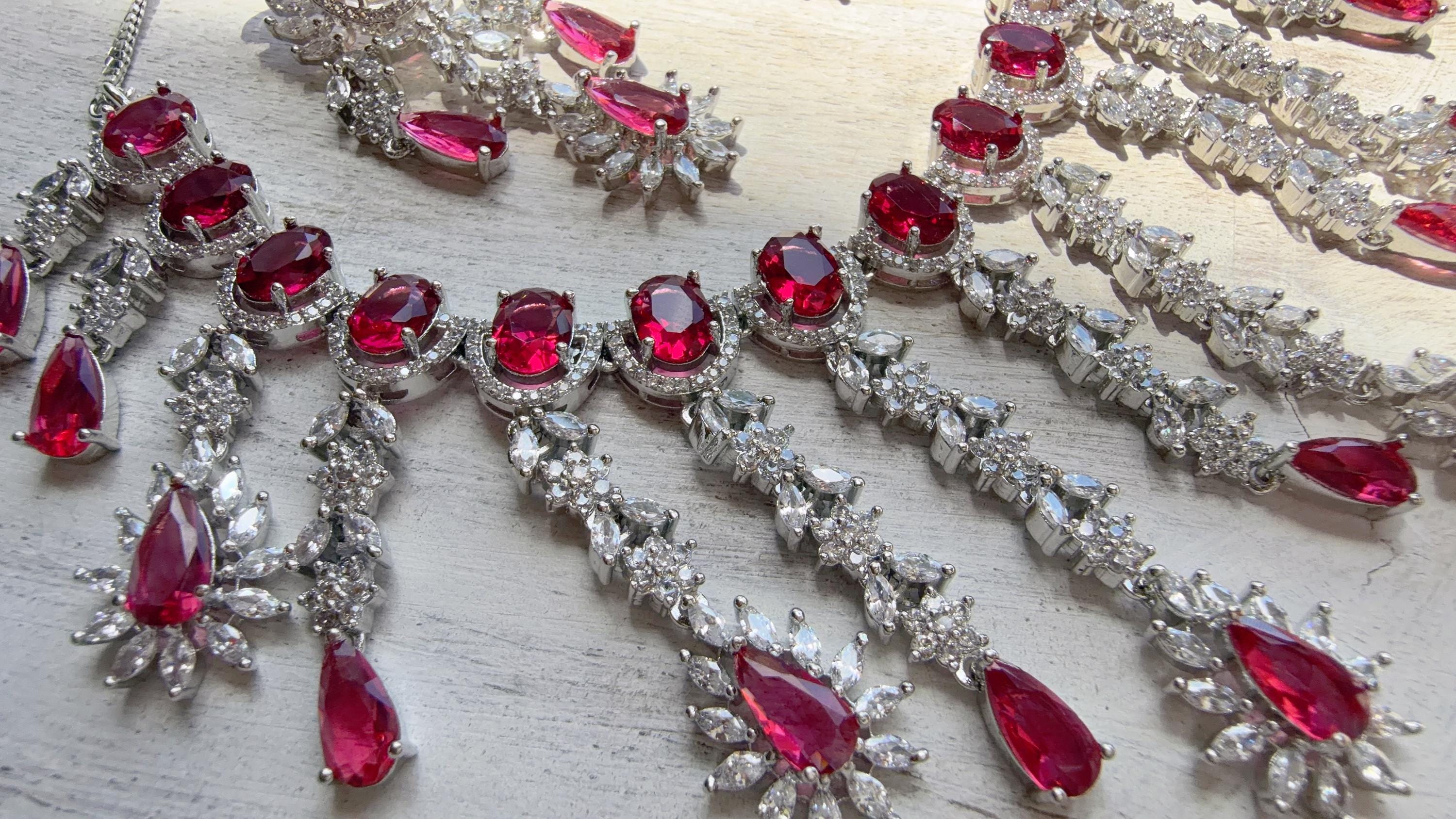 Ruby CZ Statement Necklace Set | Silver Tone Indian Bridal Jewelry | Wedding & Reception Necklace