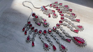 Ruby CZ Statement Necklace Set | Silver Tone Indian Bridal Jewelry | Wedding & Reception Necklace