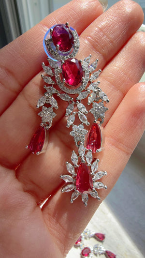 Ruby CZ Statement Necklace Set | Silver Tone Indian Bridal Jewelry | Wedding & Reception Necklace