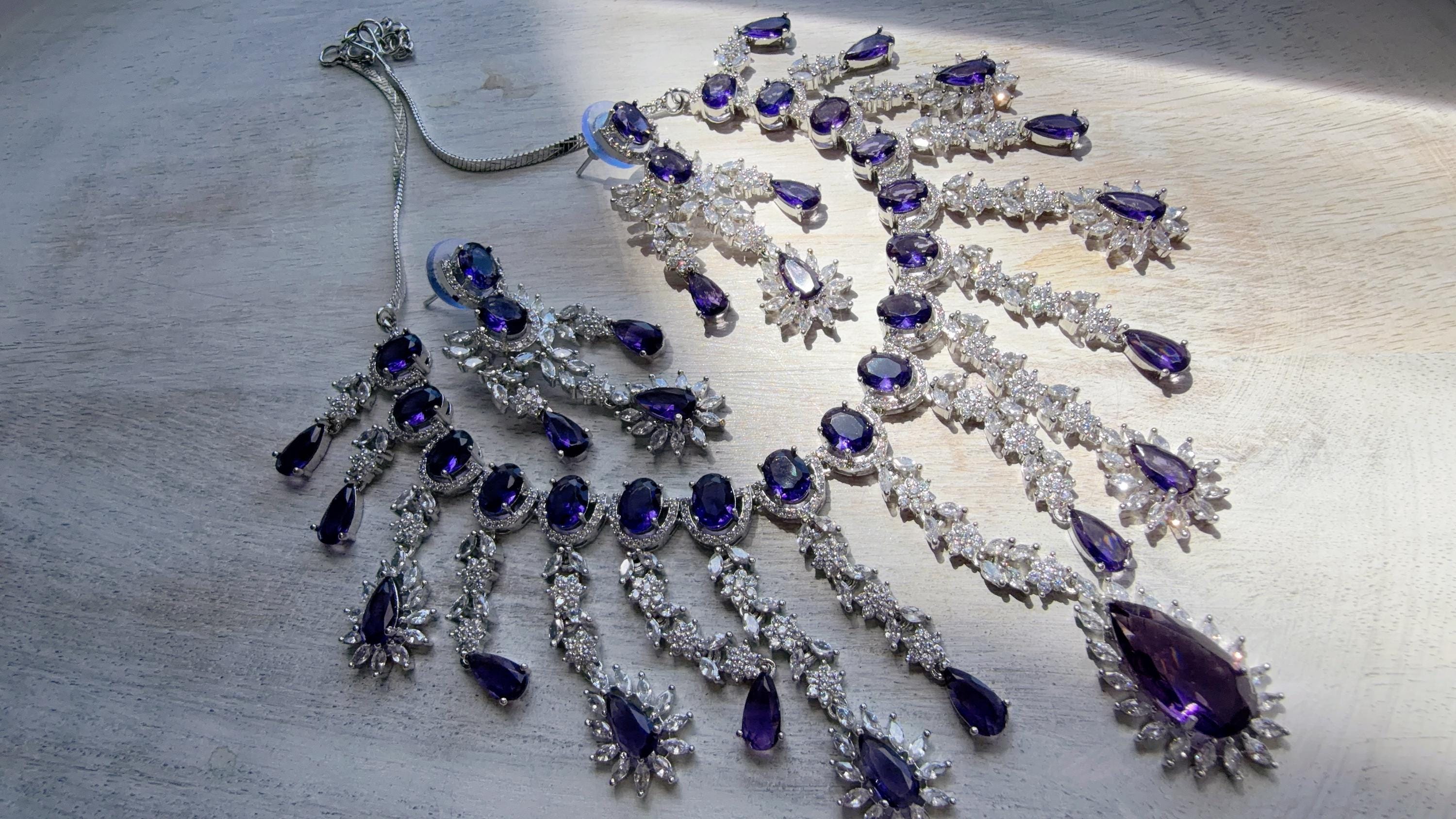 CZ Statement Purple Necklace Set | Silver Tone Indian Bridal Jewelry | Wedding & Reception Necklace