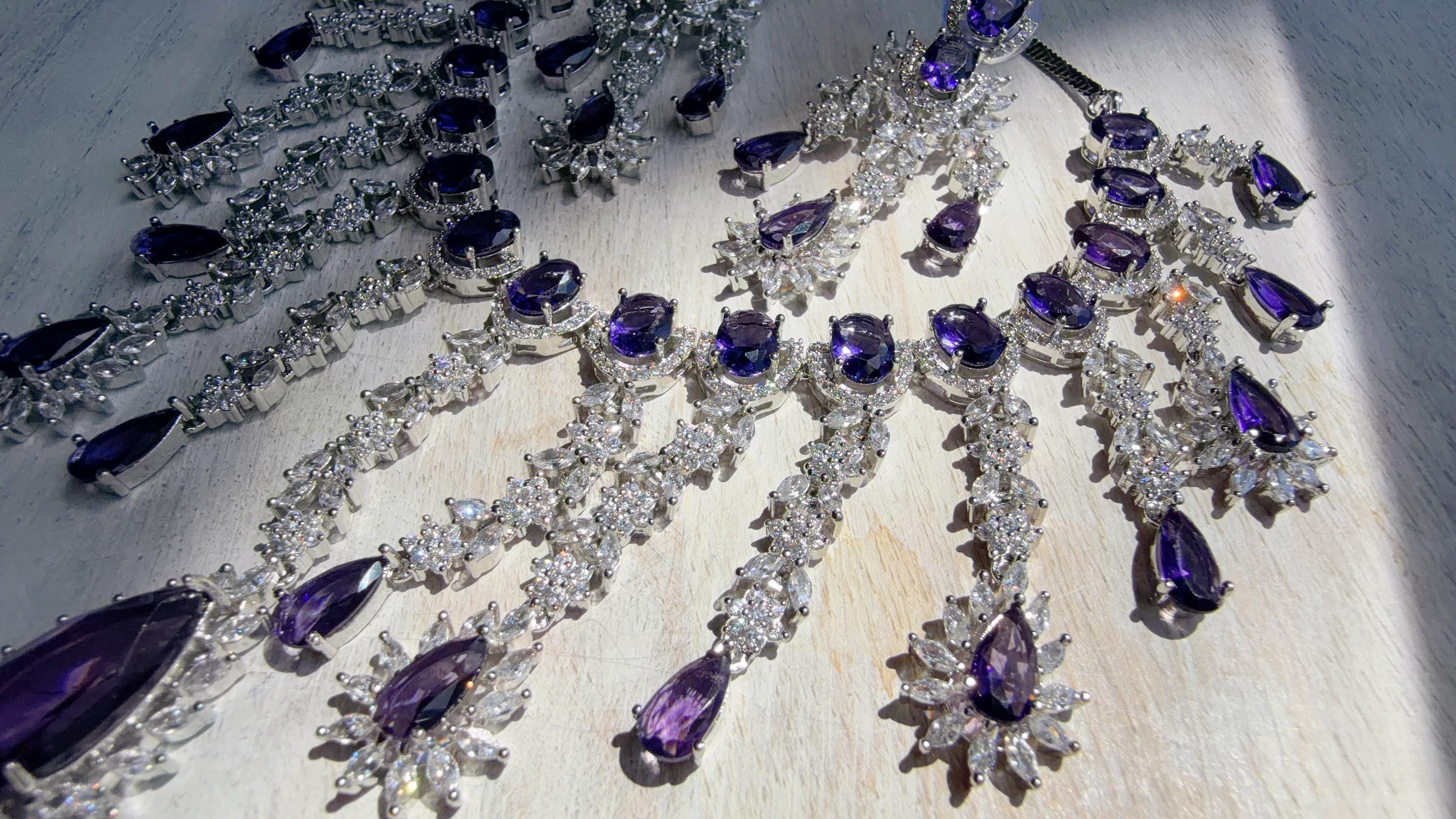 CZ Statement Purple Necklace Set | Silver Tone Indian Bridal Jewelry | Wedding & Reception Necklace