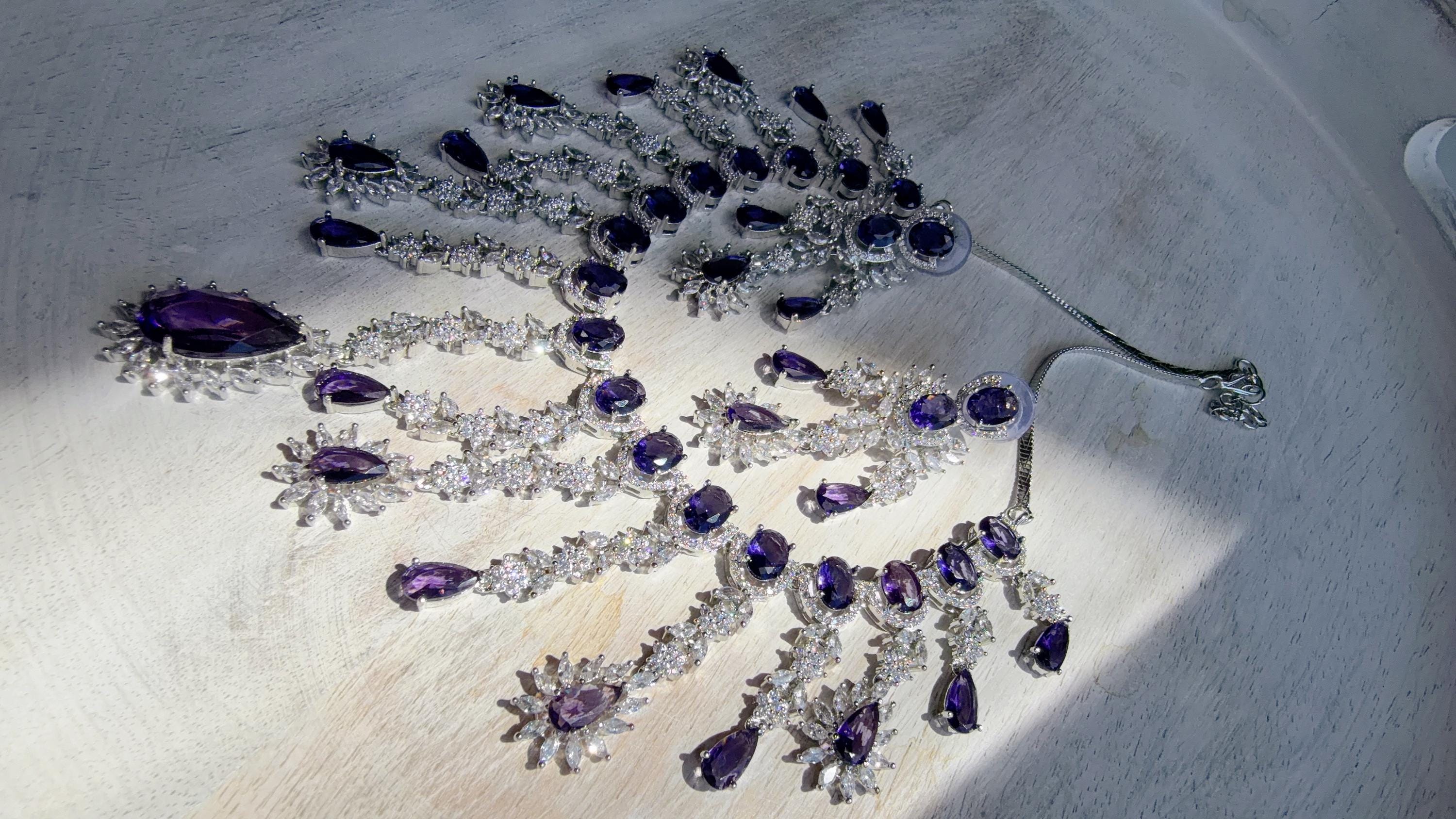 CZ Statement Purple Necklace Set | Silver Tone Indian Bridal Jewelry | Wedding & Reception Necklace