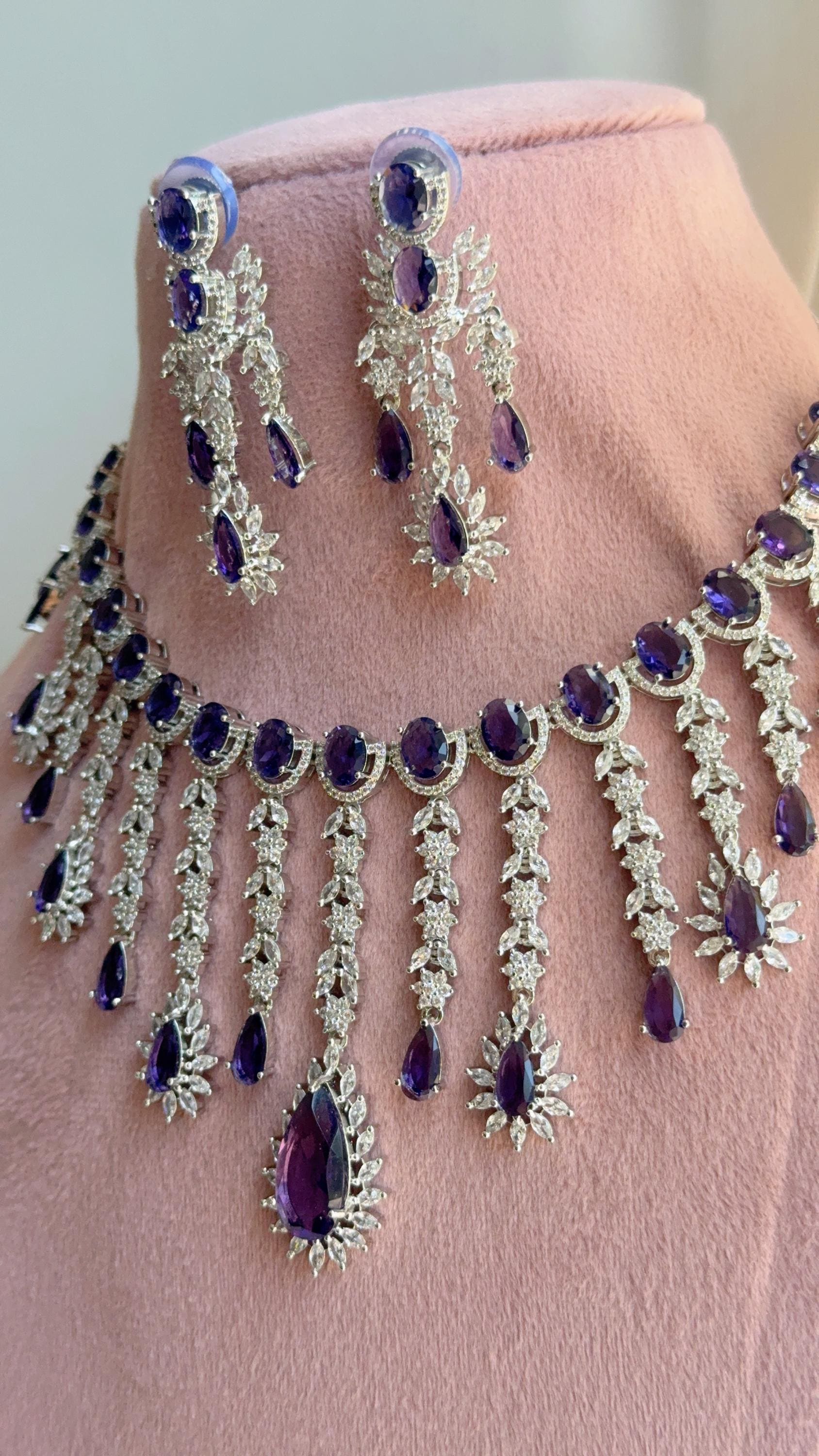 CZ Statement Purple Necklace Set | Silver Tone Indian Bridal Jewelry | Wedding & Reception Necklace